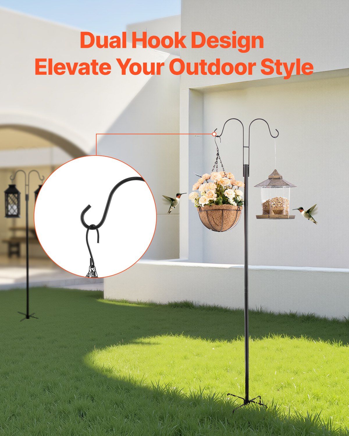 Double Shepherds Hooks for Outdoor, 8 Pack 1560 mm Heavy Duty Bird Feeder Pole, 19 mm Thick Garden Hooks for Hanging Hummingbird Feeder, Plant Baskets, Solar Light Lanterns,Wind Chimes