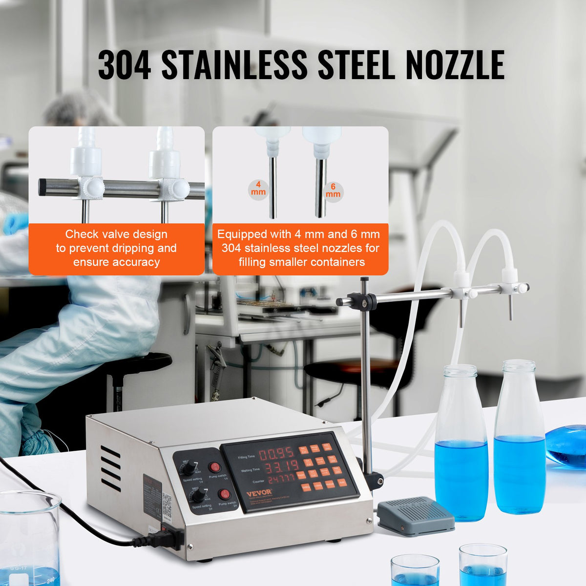 VEVOR Liquid Filling Machine, 10-4000ml Filling Capacity, Automatic Bottle Filler Machine Bottling Machine Digital Control for Milk, Water, Wine, Beverage, Soy Sauce, Vinegar, Alcohol (Double Nozzle)