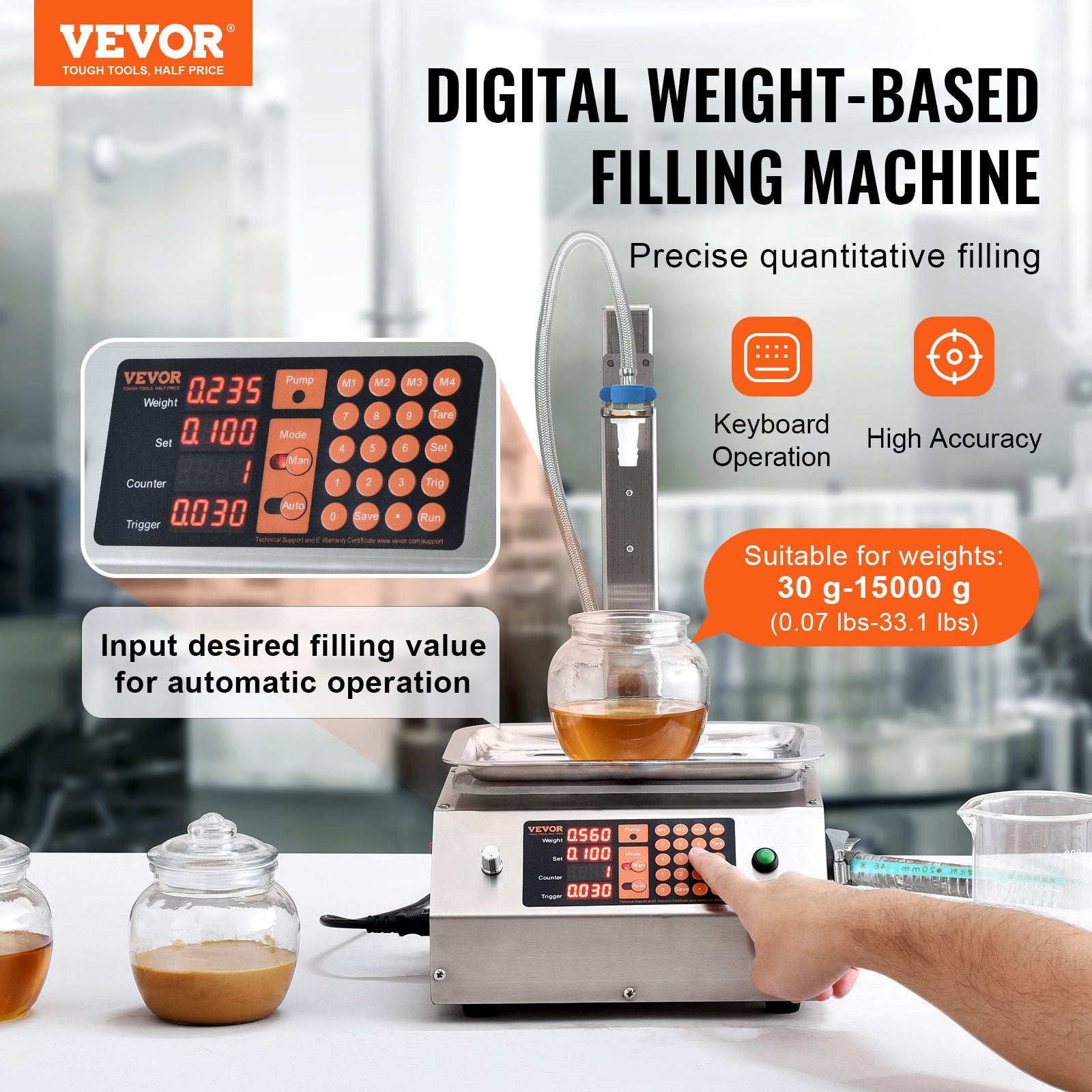 VEVOR Liquid Filling Machine, 30-15000 g Weighing Capacity, Automatic Bottle Filler Machine Bottling Machine Digital Control for Milk, Water, Oil, Wine, Beverage, Detergent, Shampoo (Single Nozzle)