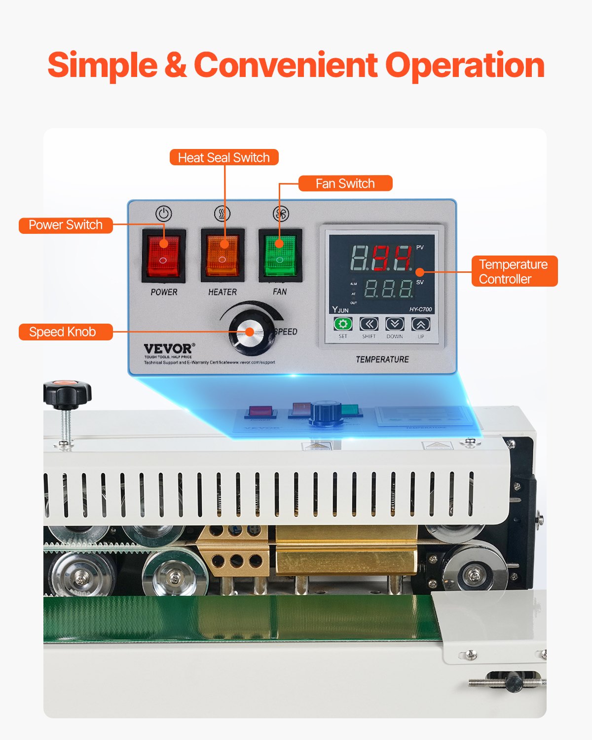 VEVOR Continuous Bag Band Sealing Machine, 6-12 mm Seal Width, Horizontal Band Sealer Machine with Digital Temperature Control, Carbon Steel Bag Sealer for 0.02-0.8 mm Plastic Bags Films Membrane
