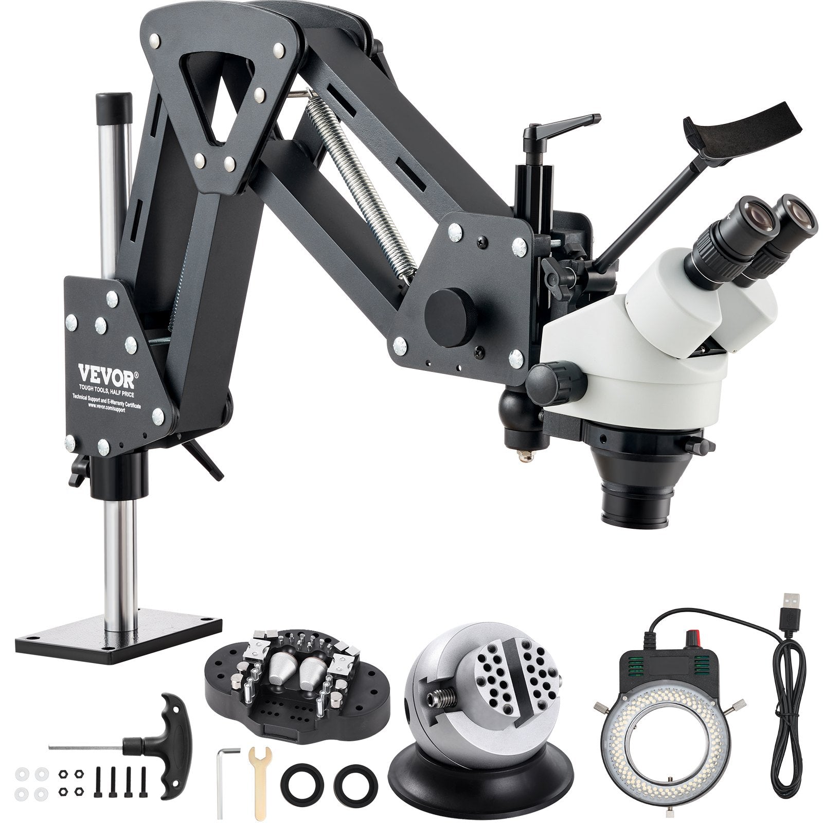 VEVOR Multi-Directional Microscope with Spring Bracket, 7X-45X Magnification Jewelry Microscope, Micro Jewelry Inlaid Stand with Integrated USB Ring LED Light and 360° Ball Vise, for Jewelry Inlay