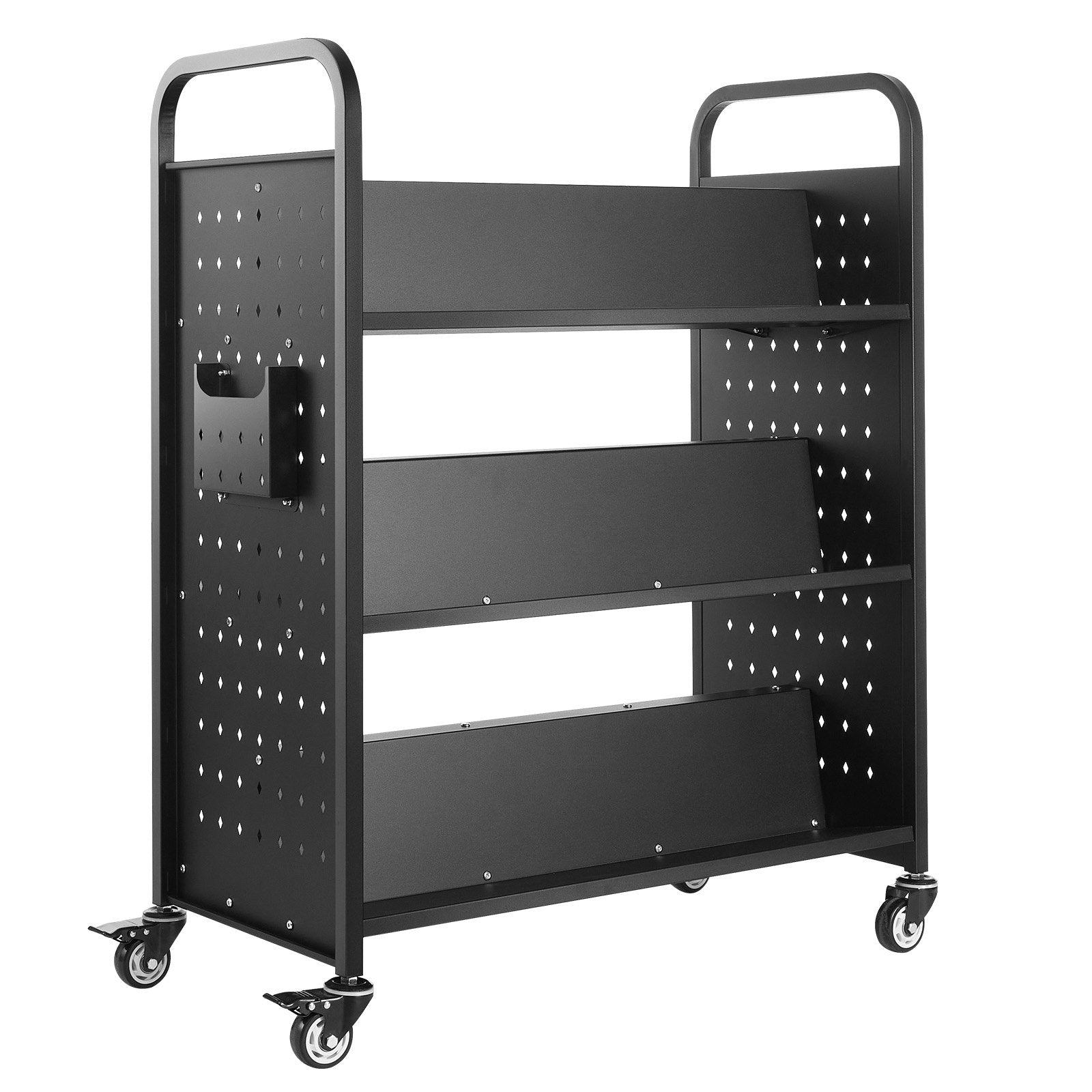 VEVOR Rolling Library Book Cart, 150 kg Capacity, 97 x 51.5 x 122.5 cm Library Cart, Double Sided W-Shaped Shelves with 76.2 mm Lockable Wheels, Book Truck for Home Shelves Office and School, Black