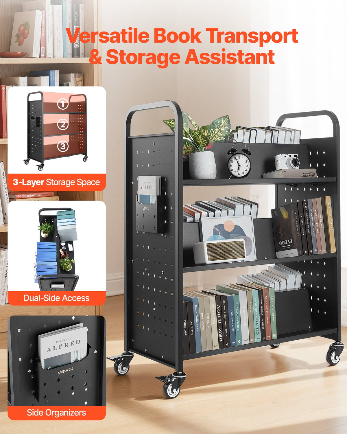 VEVOR Rolling Library Book Cart, 150 kg Capacity, 97 x 51.5 x 122.5 cm Library Cart, Double Sided W-Shaped Shelves with 76.2 mm Lockable Wheels, Book Truck for Home Shelves Office and School, Black