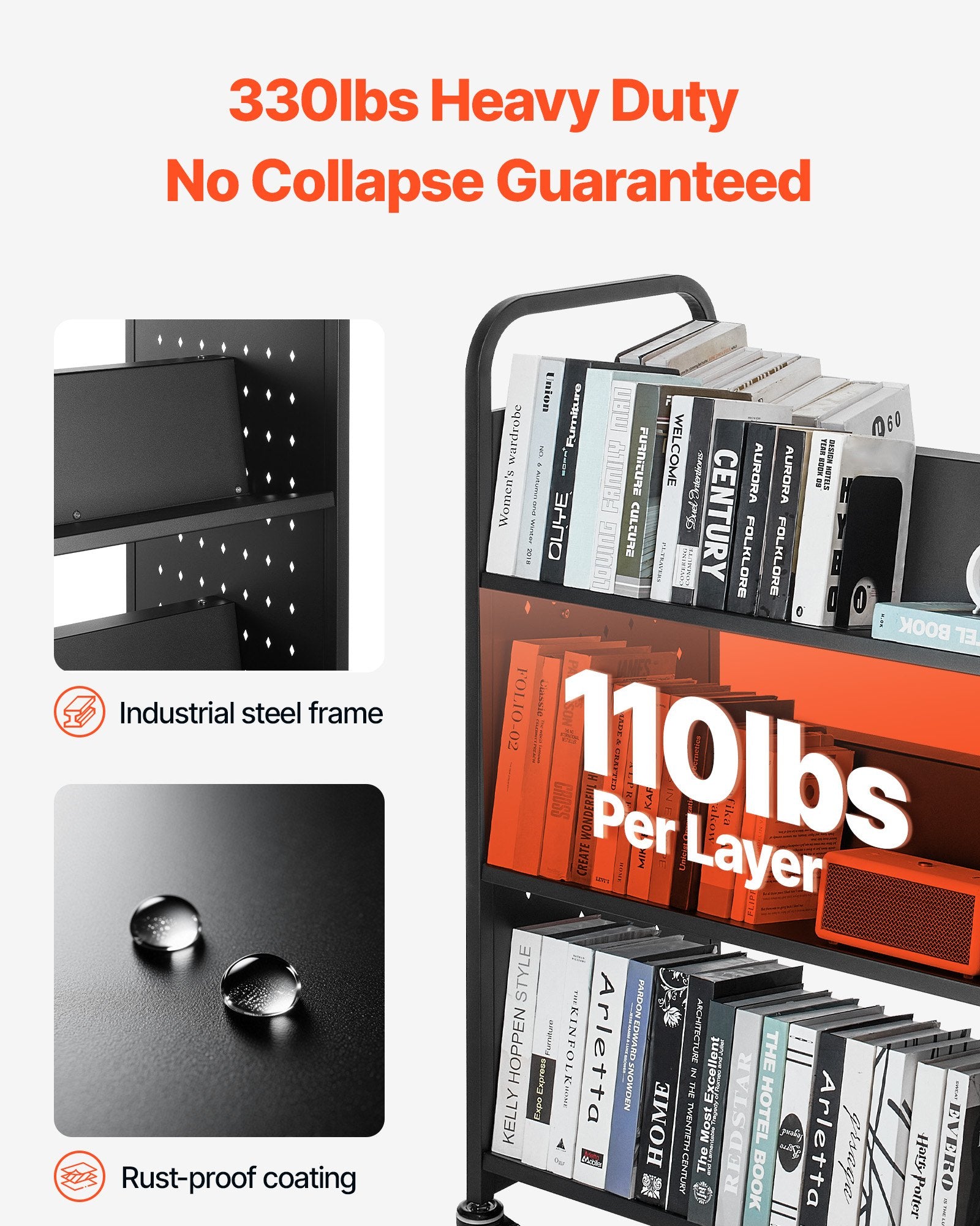 VEVOR Rolling Library Book Cart, 150 kg Capacity, 97 x 51.5 x 122.5 cm Library Cart, Double Sided W-Shaped Shelves with 76.2 mm Lockable Wheels, Book Truck for Home Shelves Office and School, Black