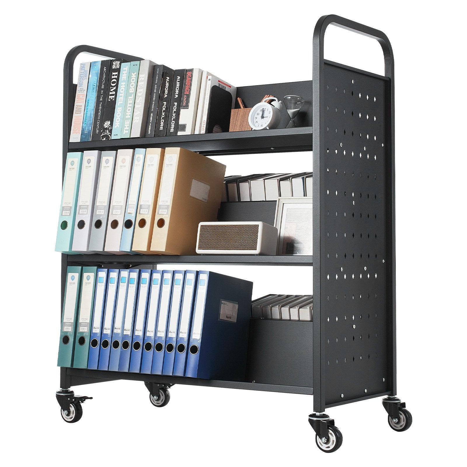 VEVOR Rolling Library Book Cart, 150 kg Capacity, 97 x 51.5 x 122.5 cm Library Cart, Double Sided W-Shaped Shelves with 76.2 mm Lockable Wheels, Book Truck for Home Shelves Office and School, Black