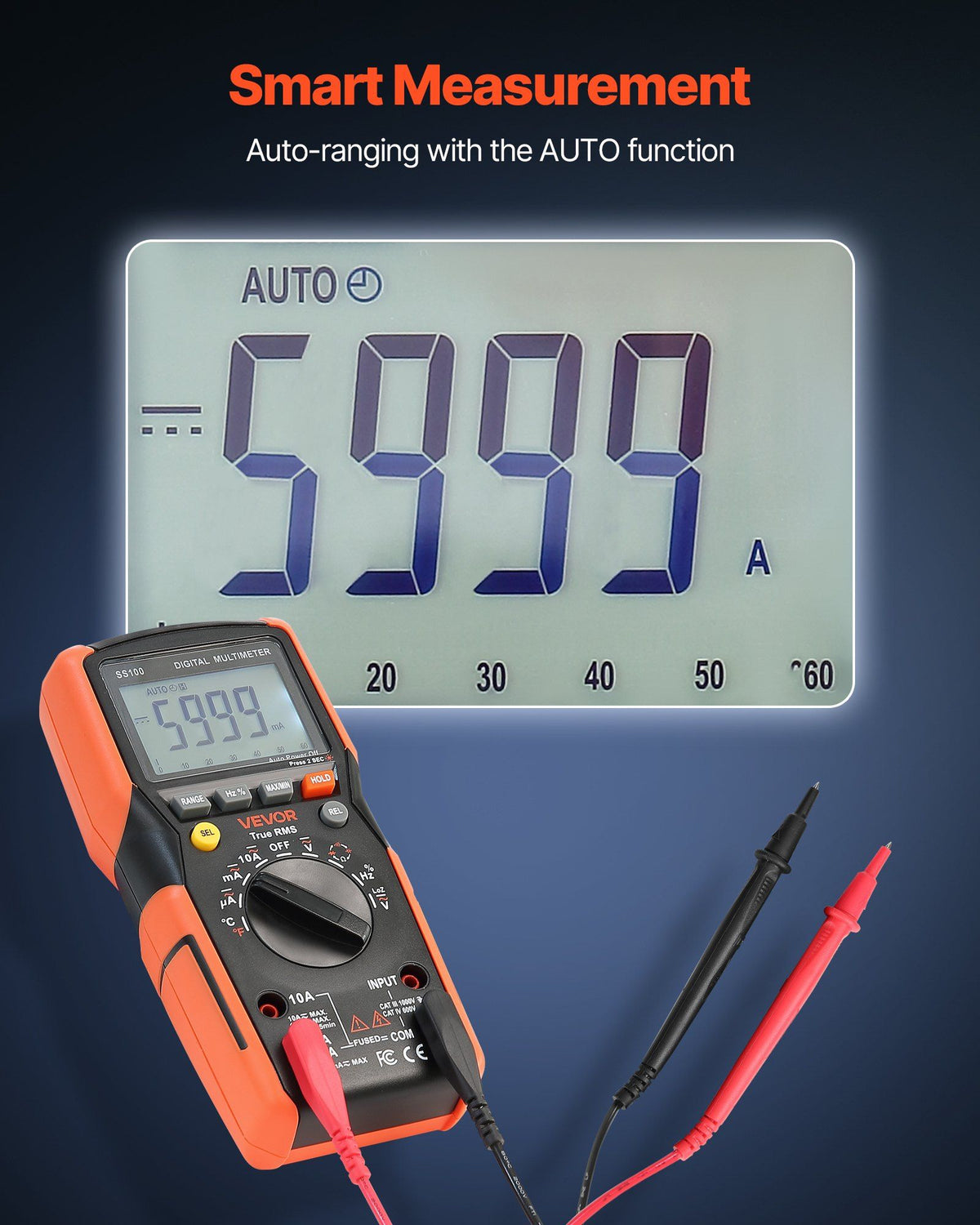 Digital Multimeter, 6000-Count TRMS DC/AC Voltmeter Current Tester, Auto-Ranging Multimeter for Current Voltage Resistance Capacitance Temperature Diodes Continuity Low Impedance Measurment