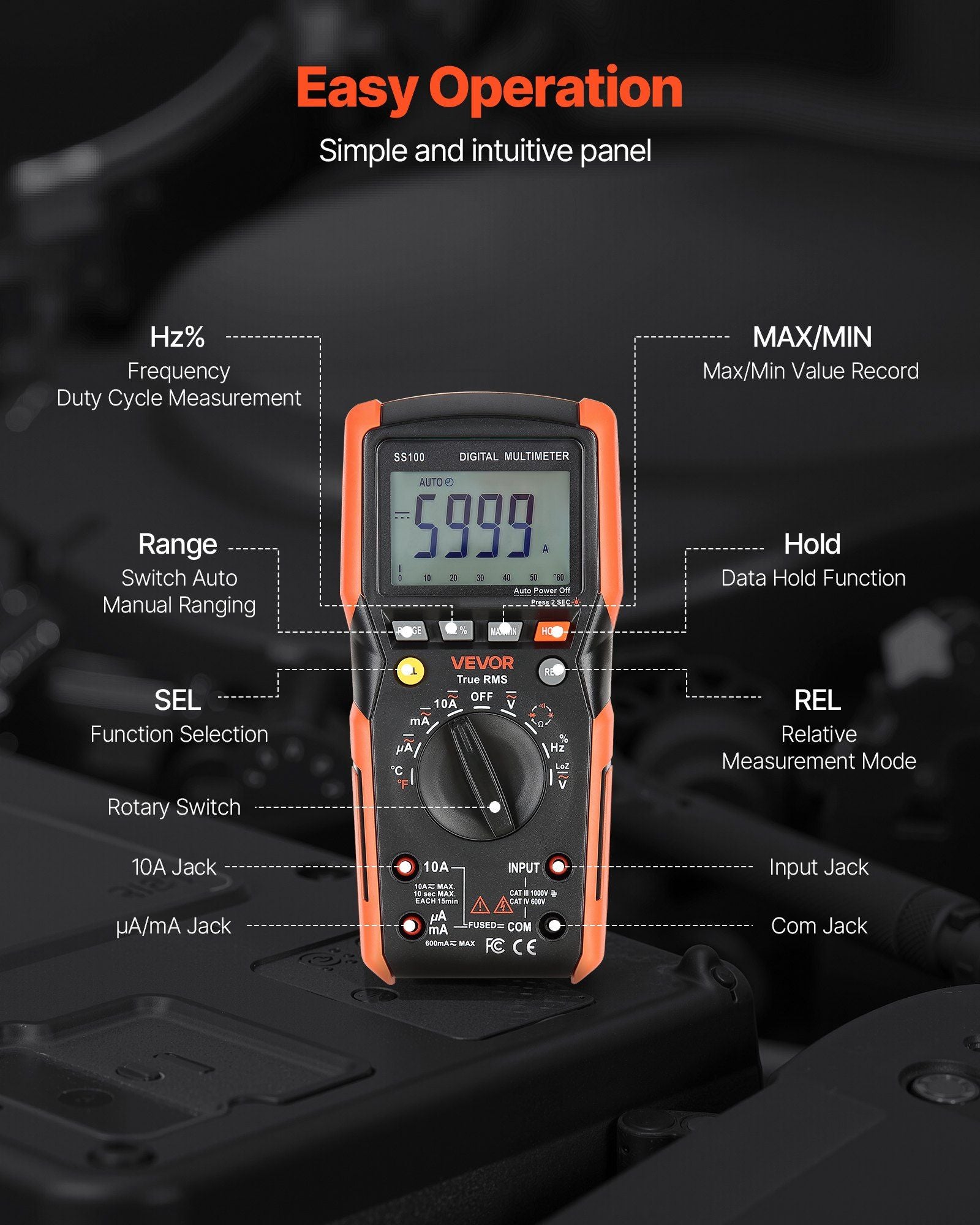 Digital Multimeter, 6000-Count TRMS DC/AC Voltmeter Current Tester, Auto-Ranging Multimeter for Current Voltage Resistance Capacitance Temperature Diodes Continuity Low Impedance Measurment