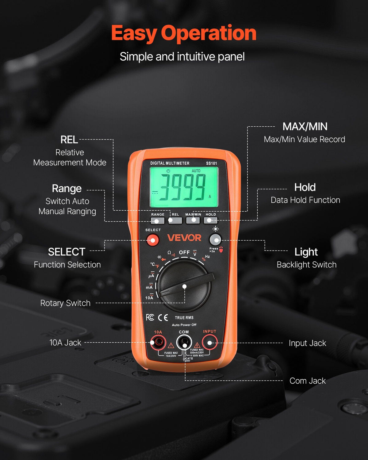 Digital Multimeter, 4000-Count TRMS DC/AC Voltmeter Current Tester, Auto-Ranging Multimeter for Current Voltage Resistance Capacitance Temperature Diodes Continuity Duty-Cycle Measurments