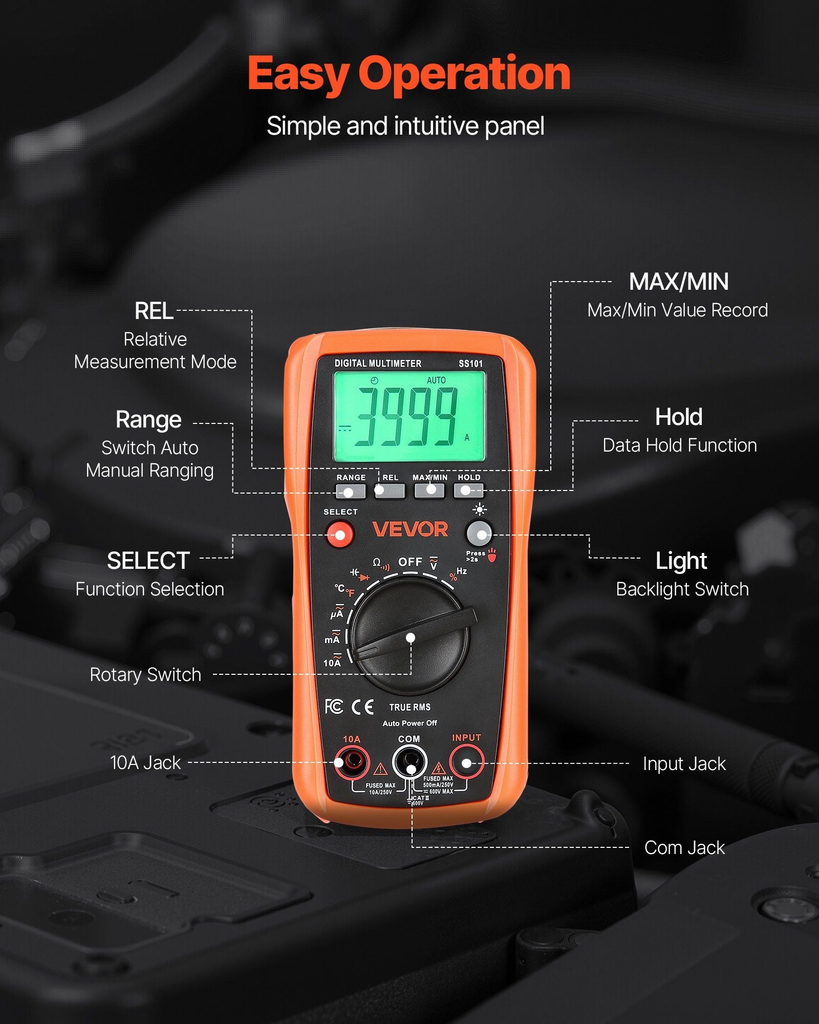 Digital Multimeter, 4000-Count TRMS DC/AC Voltmeter Current Tester, Auto-Ranging Multimeter for Current Voltage Resistance Capacitance Temperature Diodes Continuity Duty-Cycle Measurments