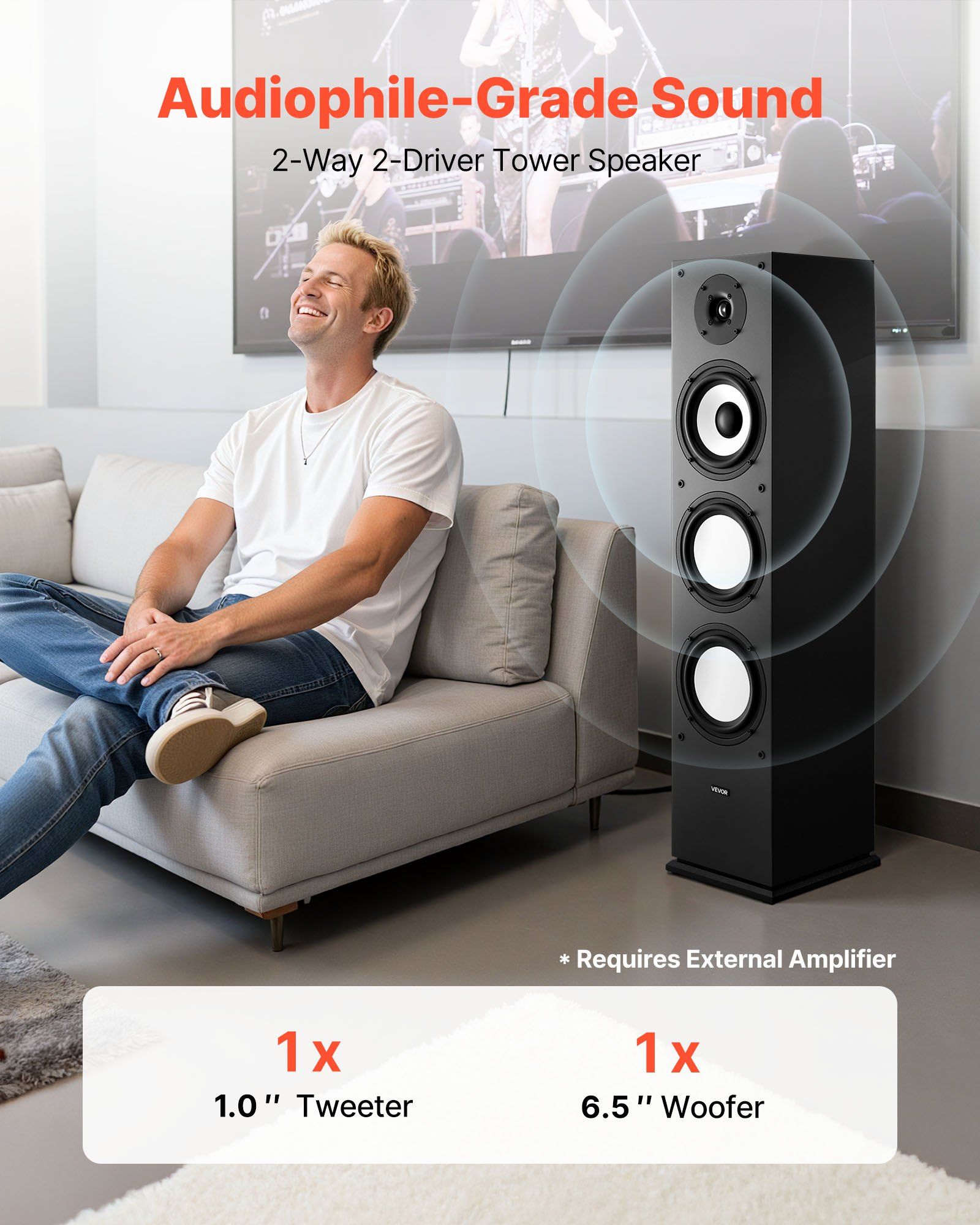 Floorstanding Speaker, 2-Way, Floor-Standing Tower Speaker with 25.4 mm Tweeter, 165.1 mm Woofer, 200W Peak Power, 70Hz–20kHz Frequency Response, Durable MDF Enclosure, for Home Audio, Single