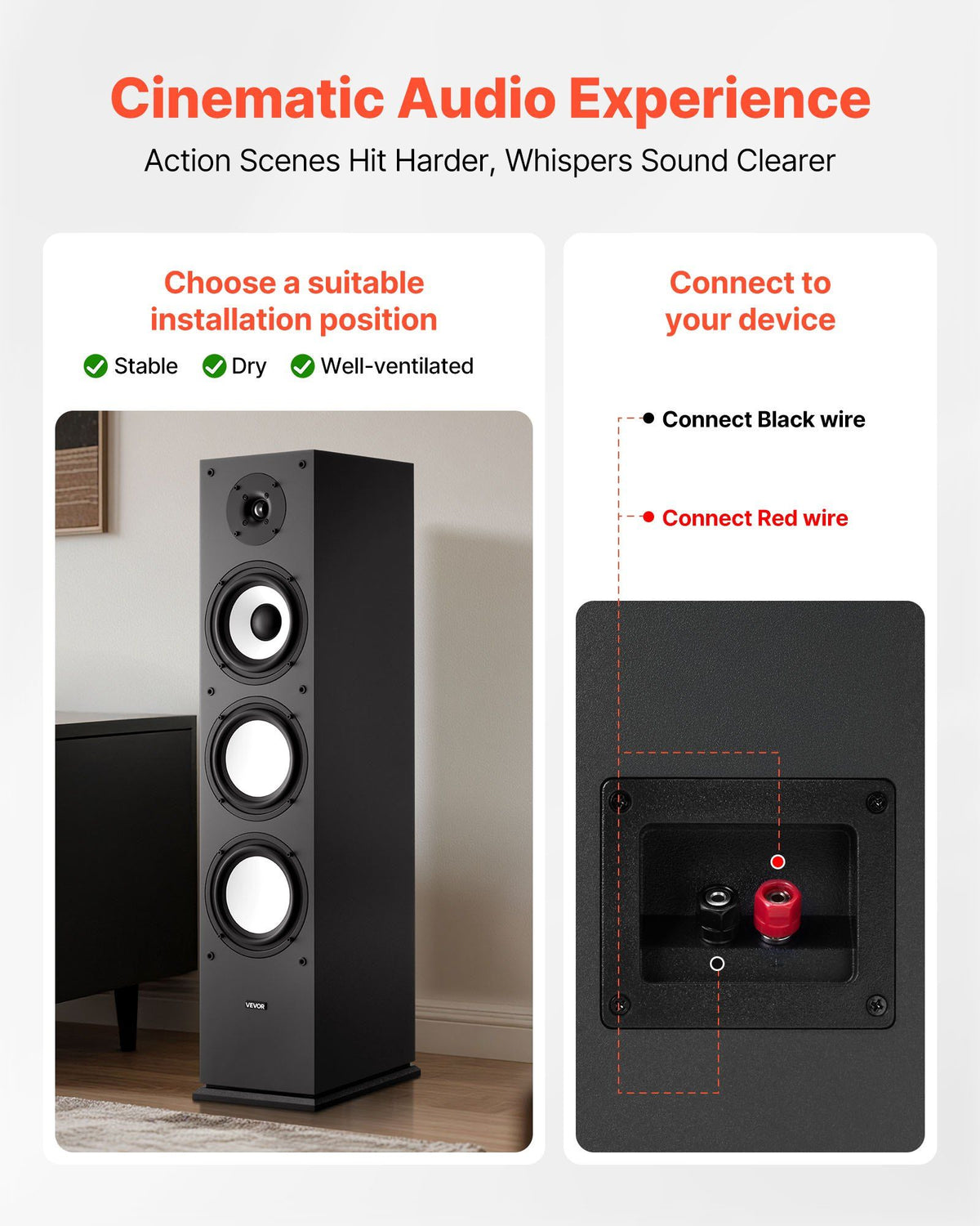 Floorstanding Speaker, 2-Way, Floor-Standing Tower Speaker with 25.4 mm Tweeter, 165.1 mm Woofer, 200W Peak Power, 70Hz–20kHz Frequency Response, Durable MDF Enclosure, for Home Audio, Single