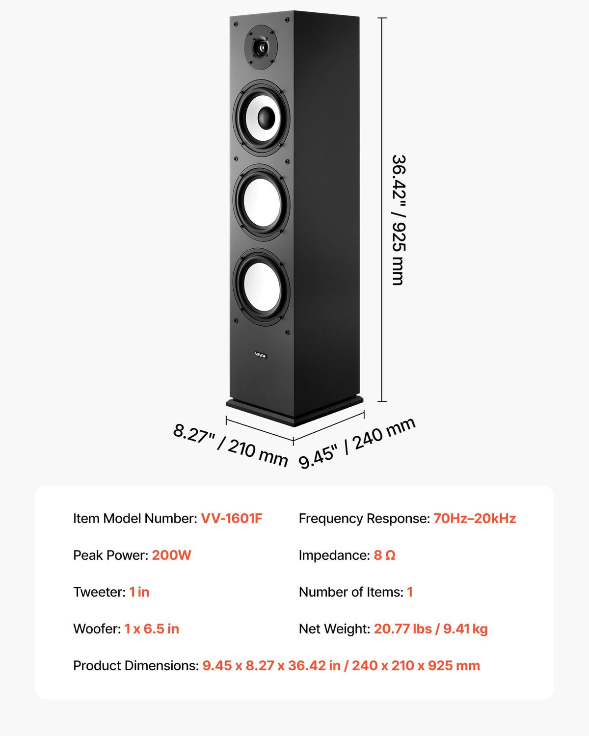 Floorstanding Speaker, 2-Way, Floor-Standing Tower Speaker with 25.4 mm Tweeter, 165.1 mm Woofer, 200W Peak Power, 70Hz–20kHz Frequency Response, Durable MDF Enclosure, for Home Audio, Single