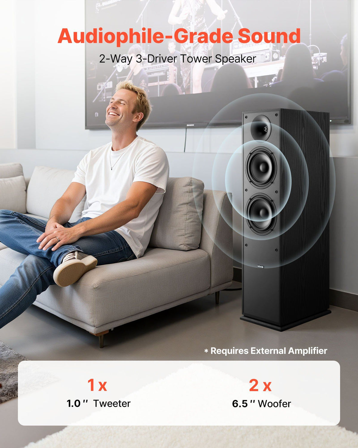 Floorstanding Speakers, 2-Way, Floor-Standing Tower Speakers with 25.4 mm Tweeter, Dual 165.1 mm Woofers, 400W Peak, 65Hz–20kHz Frequency Response, Durable MDF Enclosure, for Home Audio, Pair