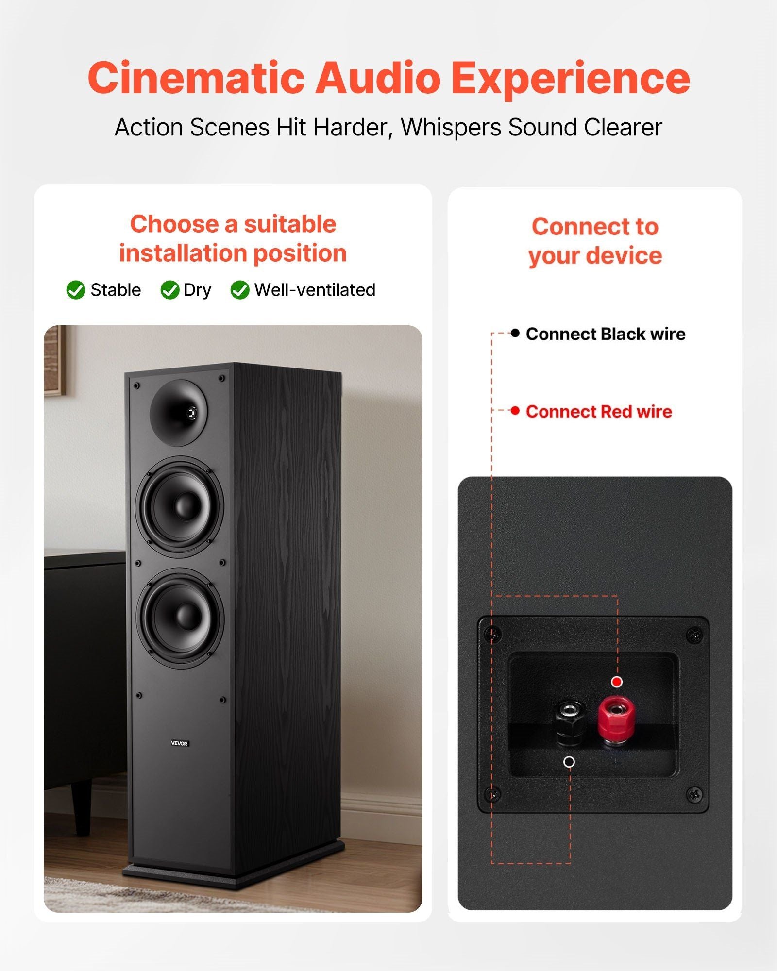Floorstanding Speakers, 2-Way, Floor-Standing Tower Speakers with 25.4 mm Tweeter, Dual 165.1 mm Woofers, 400W Peak, 65Hz–20kHz Frequency Response, Durable MDF Enclosure, for Home Audio, Pair