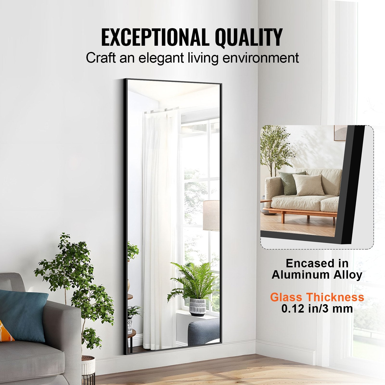 VEVOR Full Length Mirror, 1800x785 mm, Extra Large Standing Hanging or Leaning Rectangle Floor Mirror with Tempered Glass Aluminum Alloy Frame, Full Body Dressing Mirror for Living Room Bedroom, Black