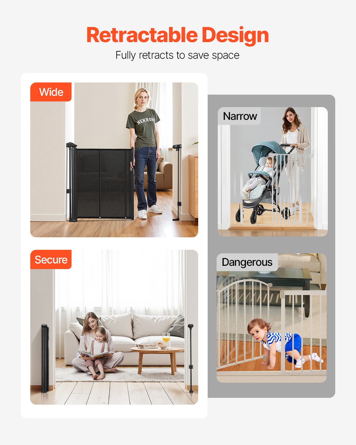 VEVOR Retractable Baby Gate, 870 mm Tall, Extends up to 2800 mm Wide, Retractable Gate for Kids or Pets, Mesh Material, Easy to Install for Indoor Stairs, Doorways, Hallways, Playrooms, Black