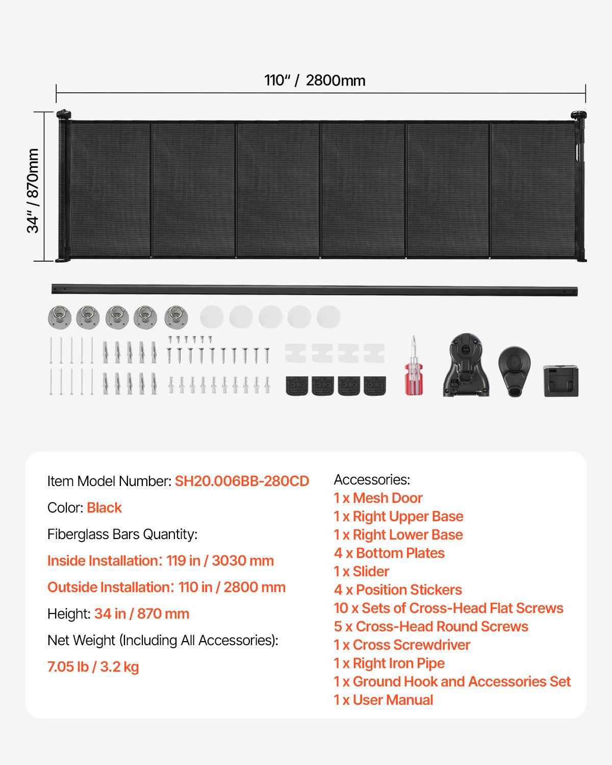 VEVOR Retractable Baby Gate, 870 mm Tall, Extends up to 2800 mm Wide, Retractable Gate for Kids or Pets, Mesh Material, Easy to Install for Indoor Stairs, Doorways, Hallways, Playrooms, Black