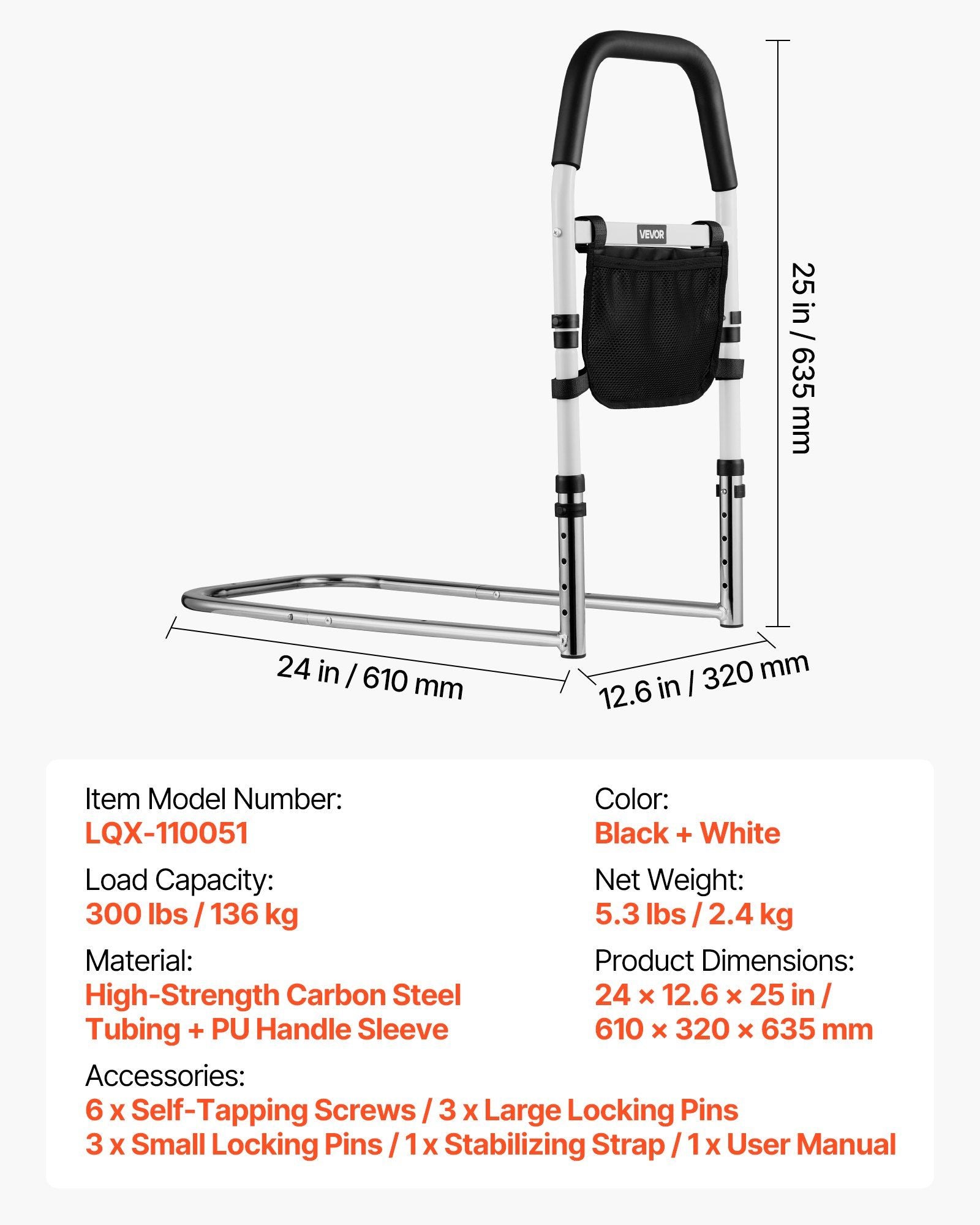 Bed Rail for Elderly, Bedside Assist Rails with PU Handrail, Adjustable Height Pipe Bedside Cane, High-Strength Carbon Steel Bed Bars for Seniors & Patients, Fits King, Queen, Full, Twin