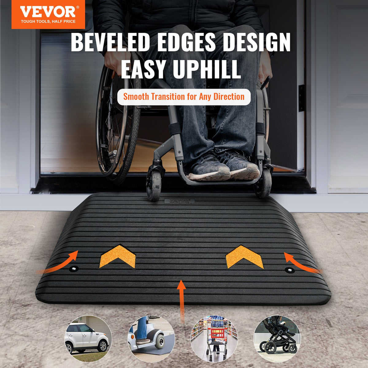 VEVOR Upgraded Rubber Threshold Ramp, 10.2 cm Rise Door Ramp with 1 Channel, Natural Rubber Car Ramp with Non-Slip Textured Surface, 15 tons Load Capacity Curb Ramp for Wheelchair and Scooter