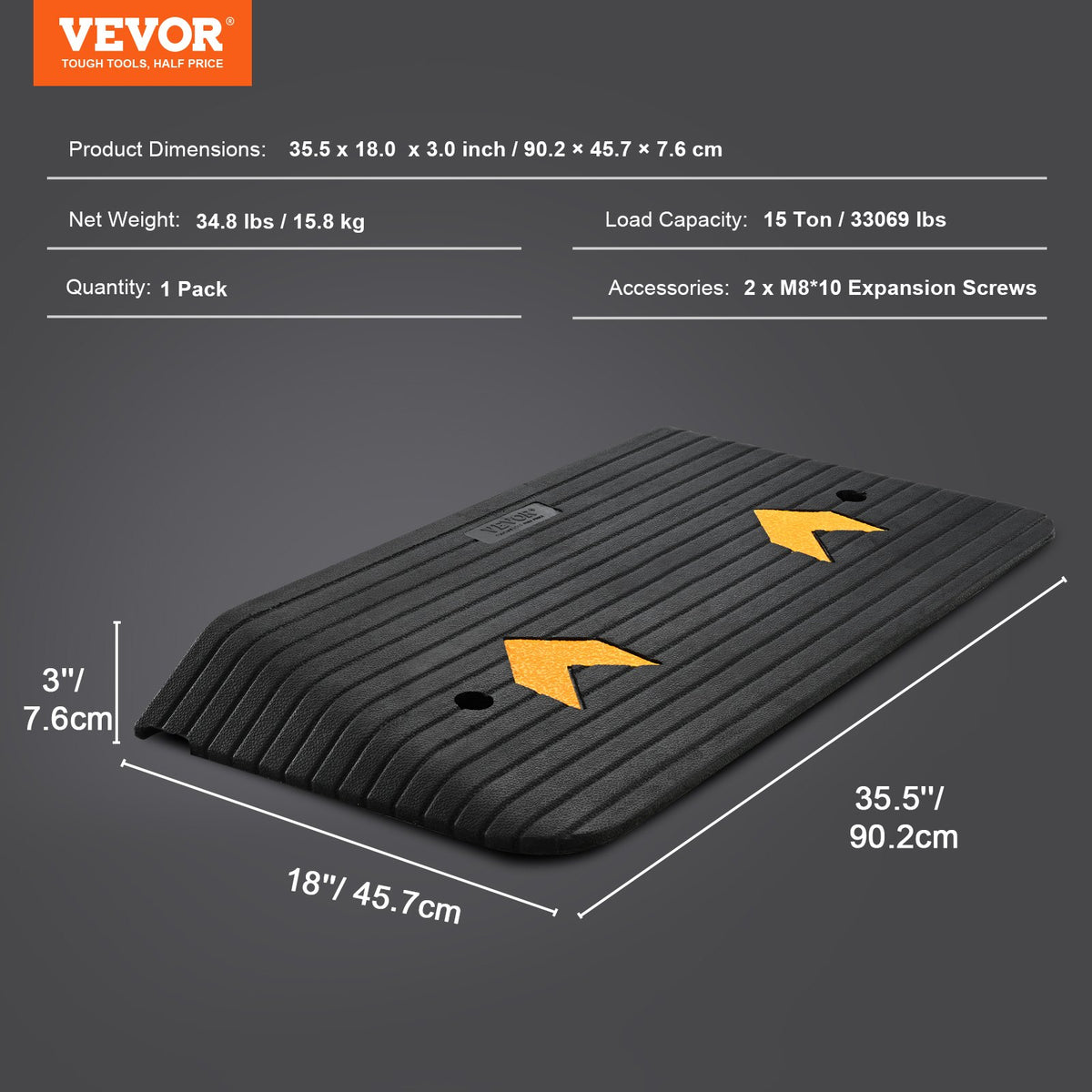 VEVOR Upgraded Rubber Threshold Ramp, 7.6 cm Rise Door Ramp with 1 Channel, Natural Rubber Car Ramp with Non-Slip Textured Surface, 150 tons Load Capacity Curb Ramp for Wheelchair and Scooter