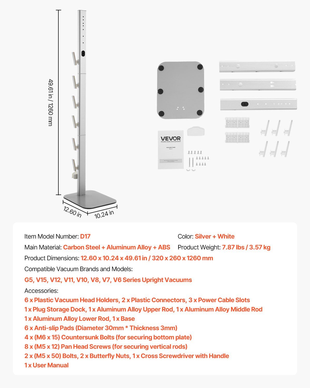 Vacuum Stand, Compatible with Dyson G5 V15 V12 V11 V10 V8 V7 V6 Series Upright Vacuums Cleaners & Accessories, Stable Vacuum Stand Holder with 6 Hooks and Non-slip Footpads, Gray