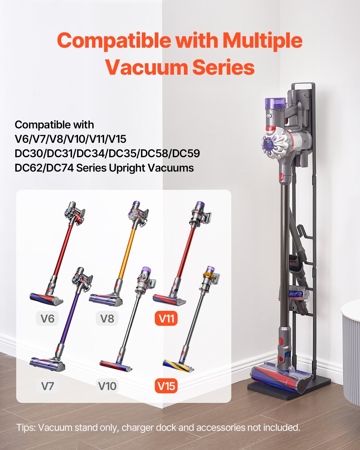 VEVOR Vacuum Stand, Compatible With Dyson V6 V7 V8 V10 V11 V15, Stable Vacuum Stand Holder with 4 Hooks for Dyson DC30 DC31 DC34 DC35 DC58 DC59 DC62 D74 Cordless Upright Vacuum Cleaners &amp; Accessories