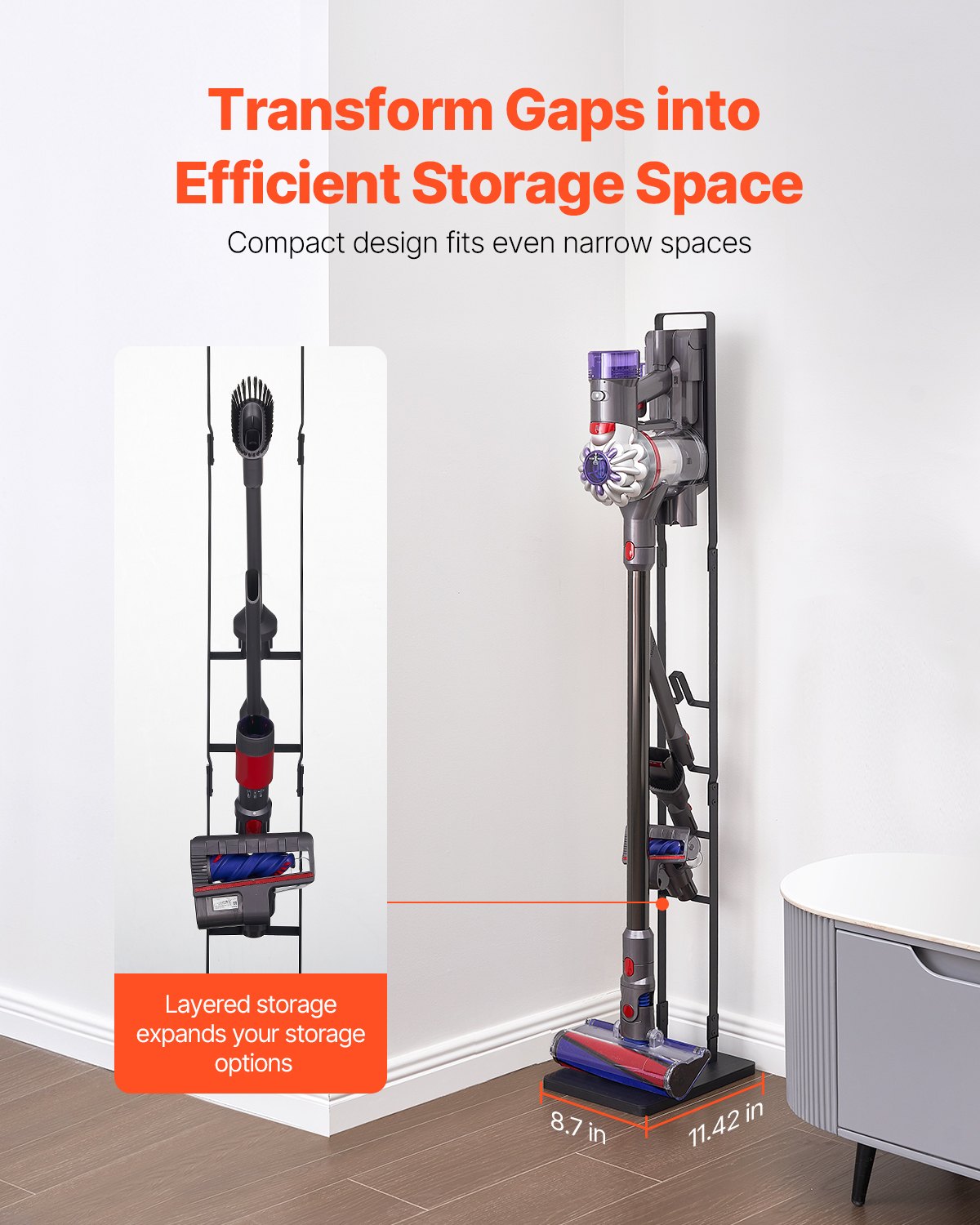 VEVOR Vacuum Stand, Compatible With Dyson V6 V7 V8 V10 V11 V15, Stable Vacuum Stand Holder with 4 Hooks for Dyson DC30 DC31 DC34 DC35 DC58 DC59 DC62 D74 Cordless Upright Vacuum Cleaners & Accessories