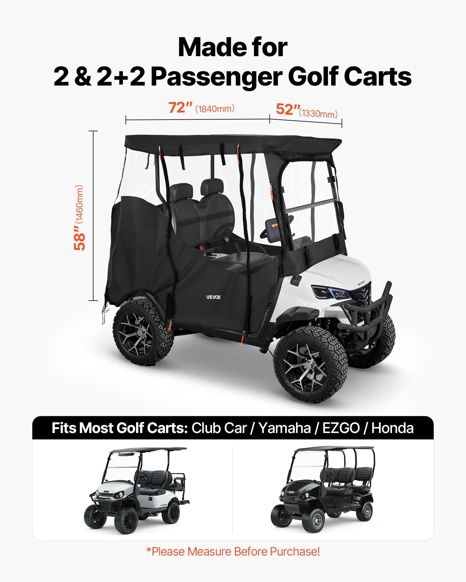 Golf Cart Cover, Visible Full-Enclosure 2&2+2 Passenger Golf Cart, 600D Waterproof Oxford Fabric Club Car Cover Fits Most Carts Club Car, Yamaha, EZGO, Honda, PVC Coating & Windproof Hook Design