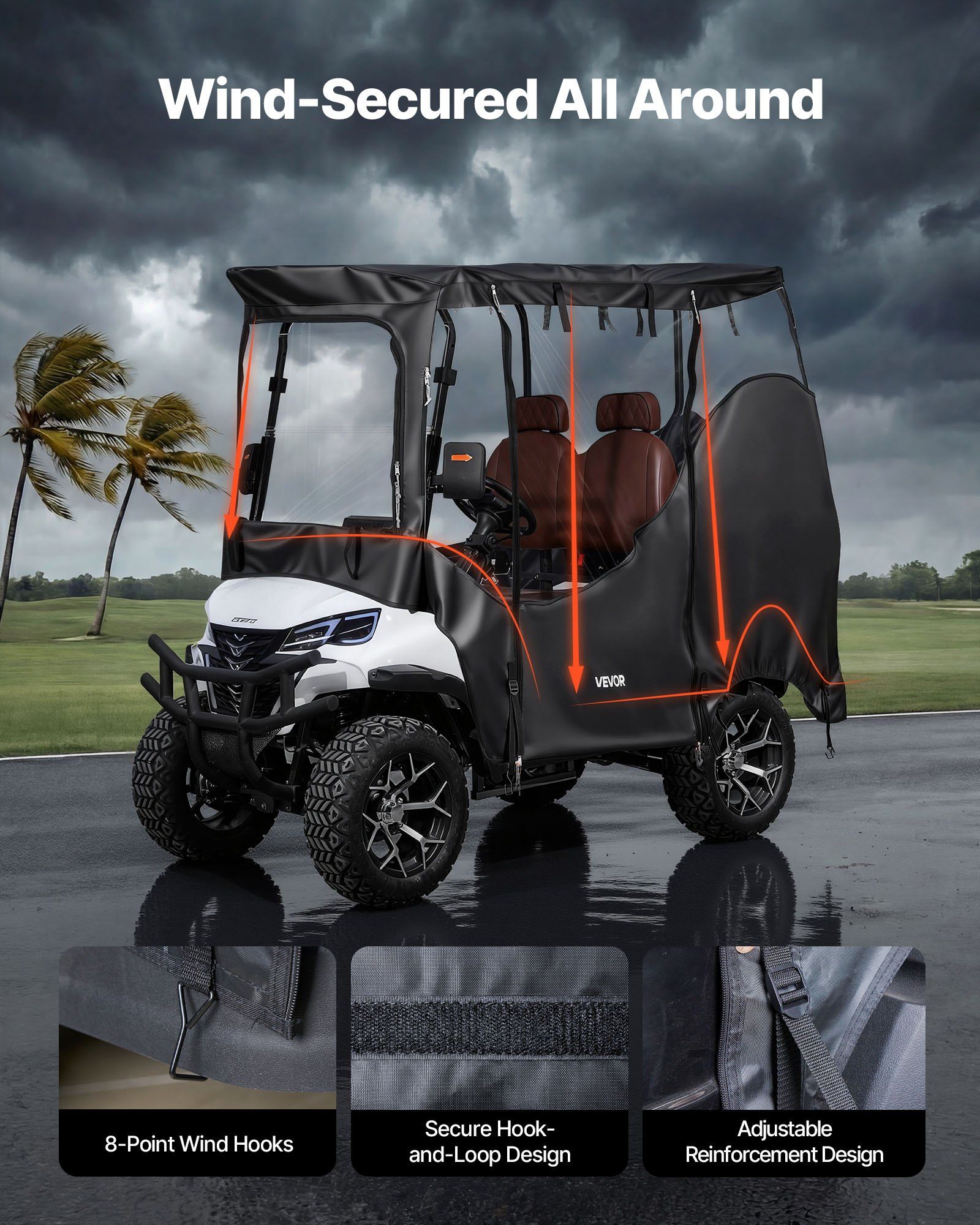 Golf Cart Cover, Visible Full-Enclosure 2&2+2 Passenger Golf Cart, 600D Waterproof Oxford Fabric Club Car Cover Fits Most Carts Club Car, Yamaha, EZGO, Honda, PVC Coating & Windproof Hook Design
