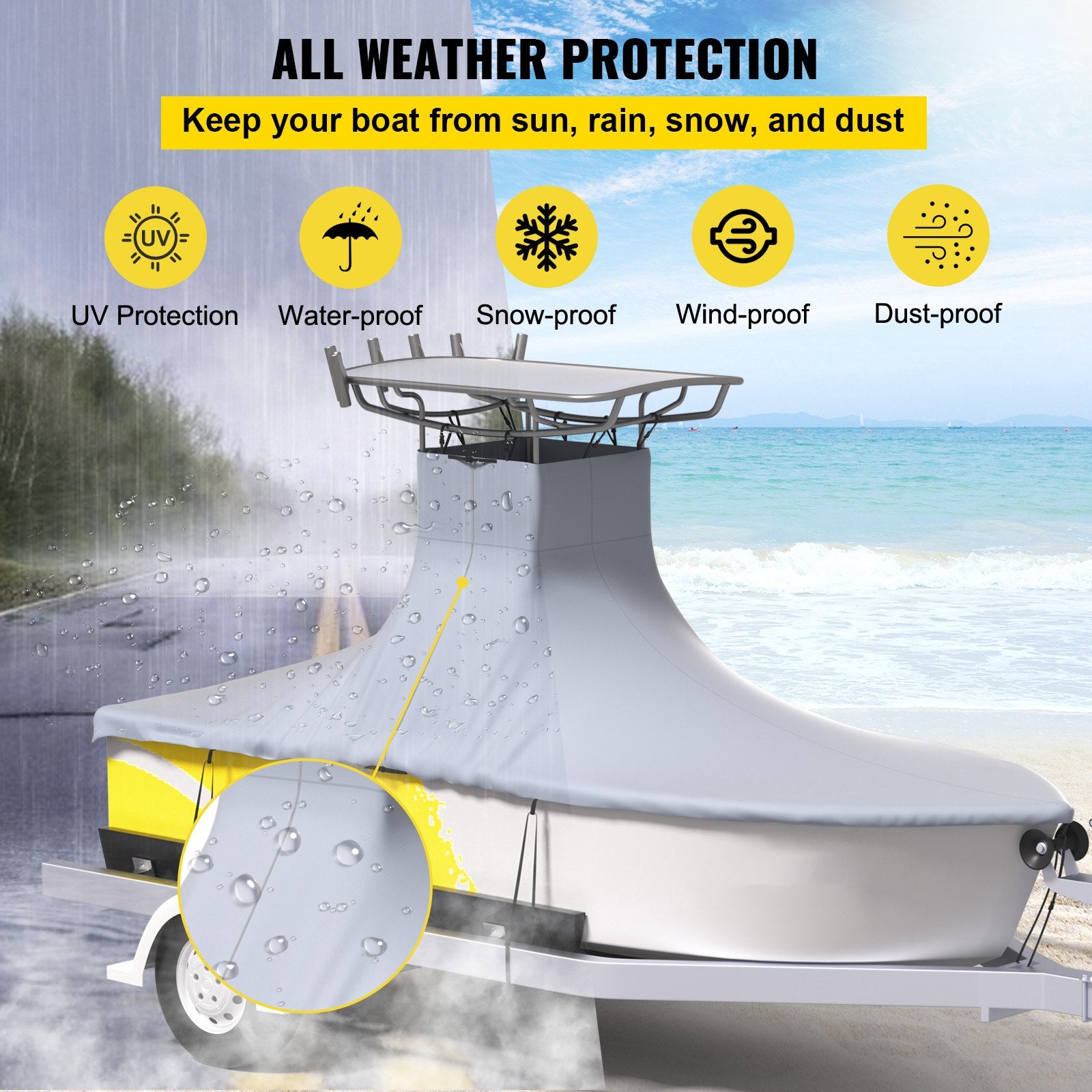 VEVOR T-Top Boat Cover, Fit for 20\'-22\' Boat, Heavy Duty 600D Marine Grade Oxford Hard Top Cover, UV Resistant Waterproof Center Console Boat Cover with 2 Support Poles and 7 Wind-Proof Straps, Gray