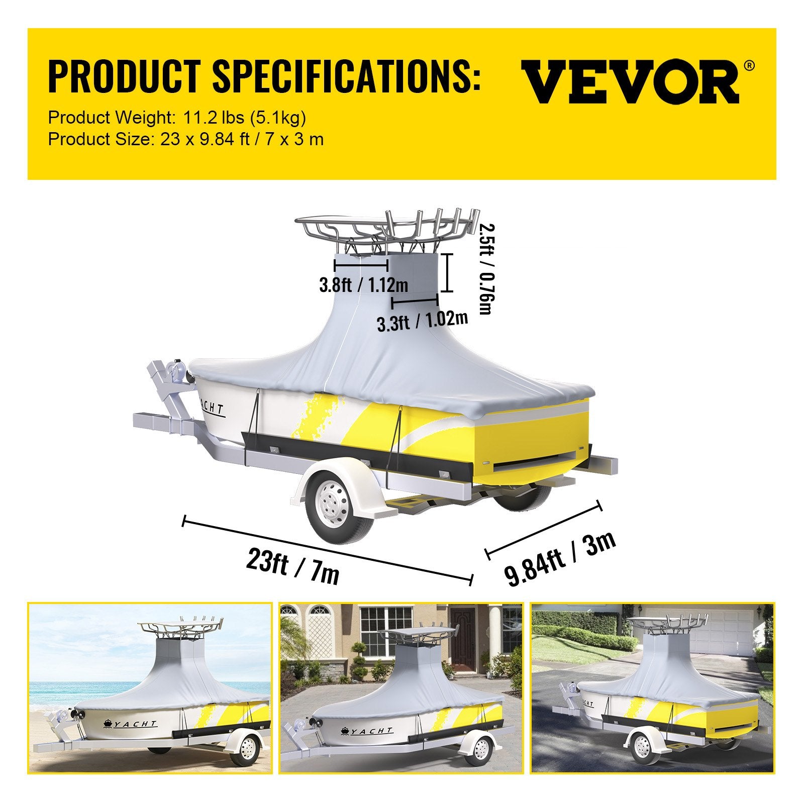 VEVOR T-Top Boat Cover, Fit for 20\'-22\' Boat, Heavy Duty 600D Marine Grade Oxford Hard Top Cover, UV Resistant Waterproof Center Console Boat Cover with 2 Support Poles and 7 Wind-Proof Straps, Gray