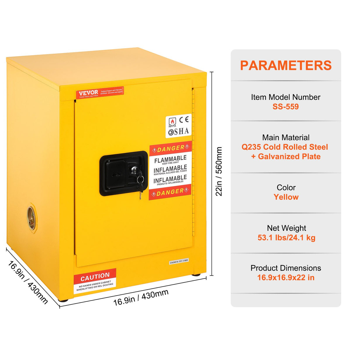 12 Gallon Safety Cabinet for Flammable Liquids Single door and Manual Close Yellow Hazardous Storage