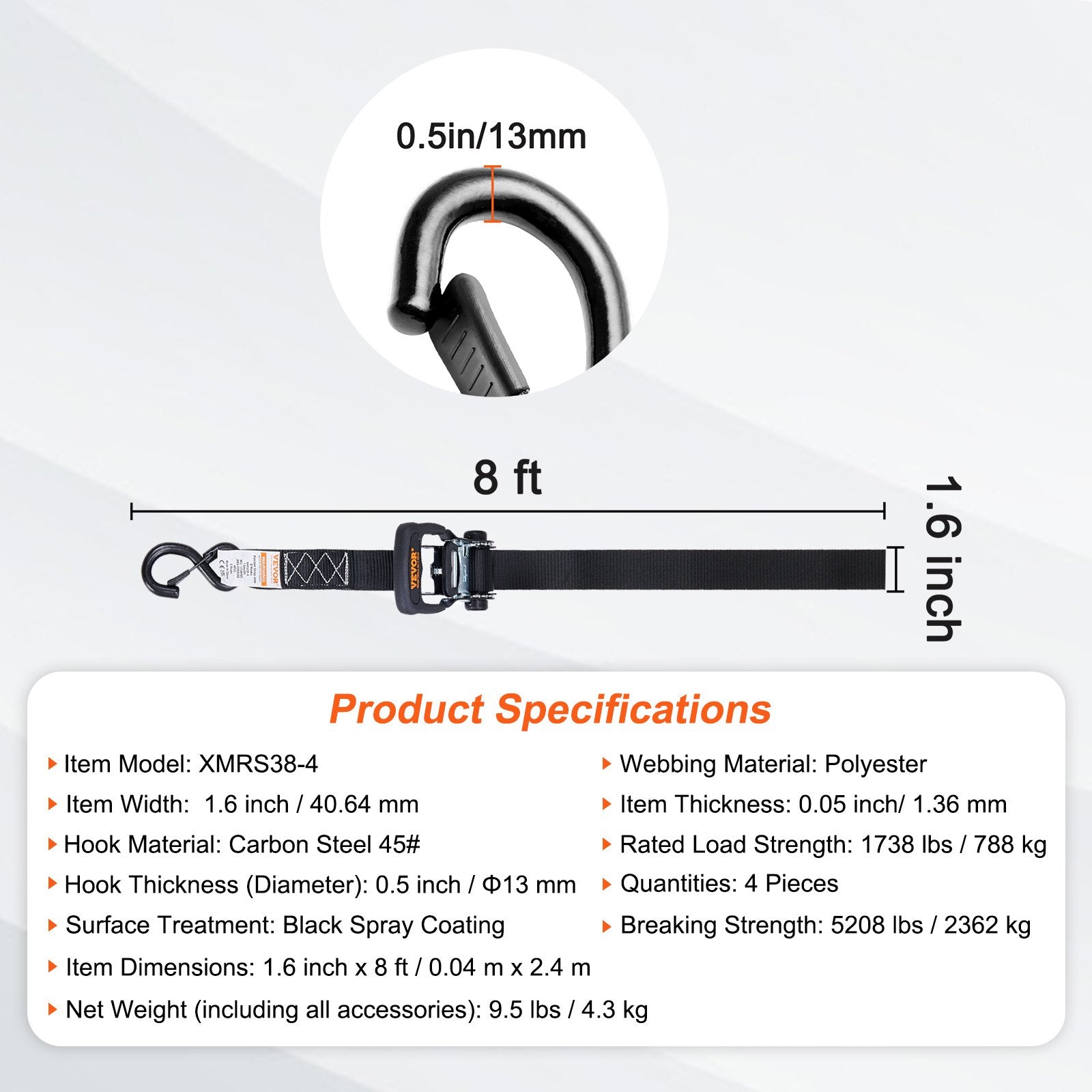 VEVOR 4 Pack Ratchet Tie Down Straps 5208 lbs 1.6