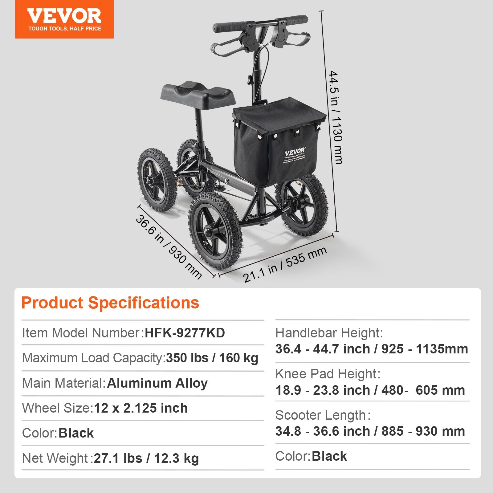 VEVOR Folding Knee Scooter, Aluminum Steerable Knee Walker with Height-Adjustable Handlebar & Knee Pad, 12" All-Terrain Wheels, Dual Brakes, Leg Recovery Scooter for Broken Ankle Foot Injuries, 159KG