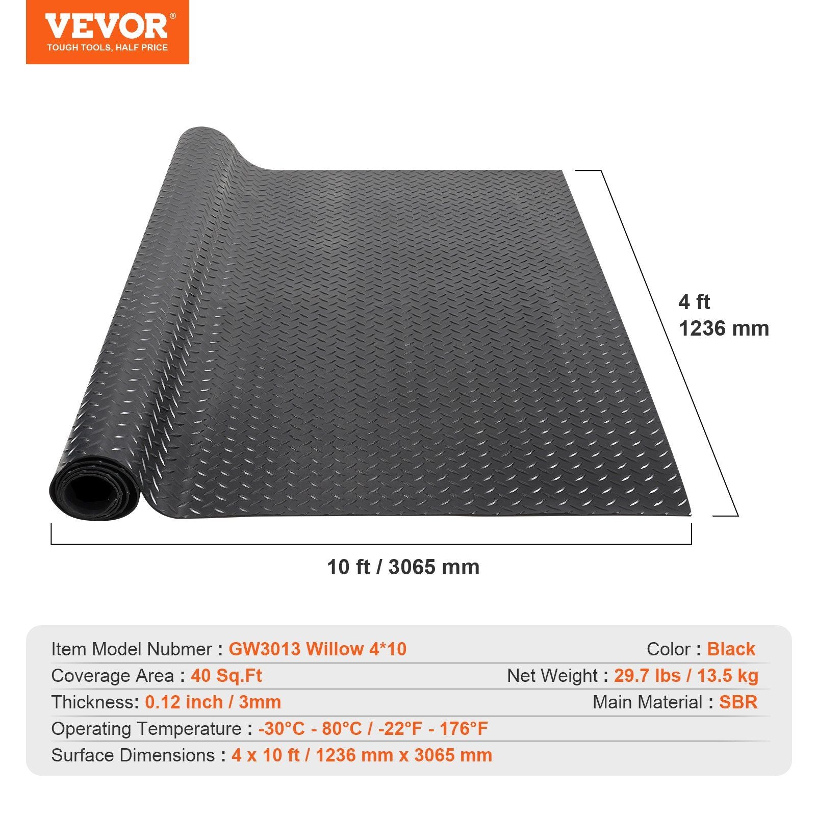 Diamond-Plate Rubber Flooring Roll, 3 mm x 4 ft x 10 ft Garage Floor Mat, SBR Rubber Garage Flooring Roll, Easy to Clean, Diamond Plate Rubber Mat for Under Cars, Garage Industry Gym, Black