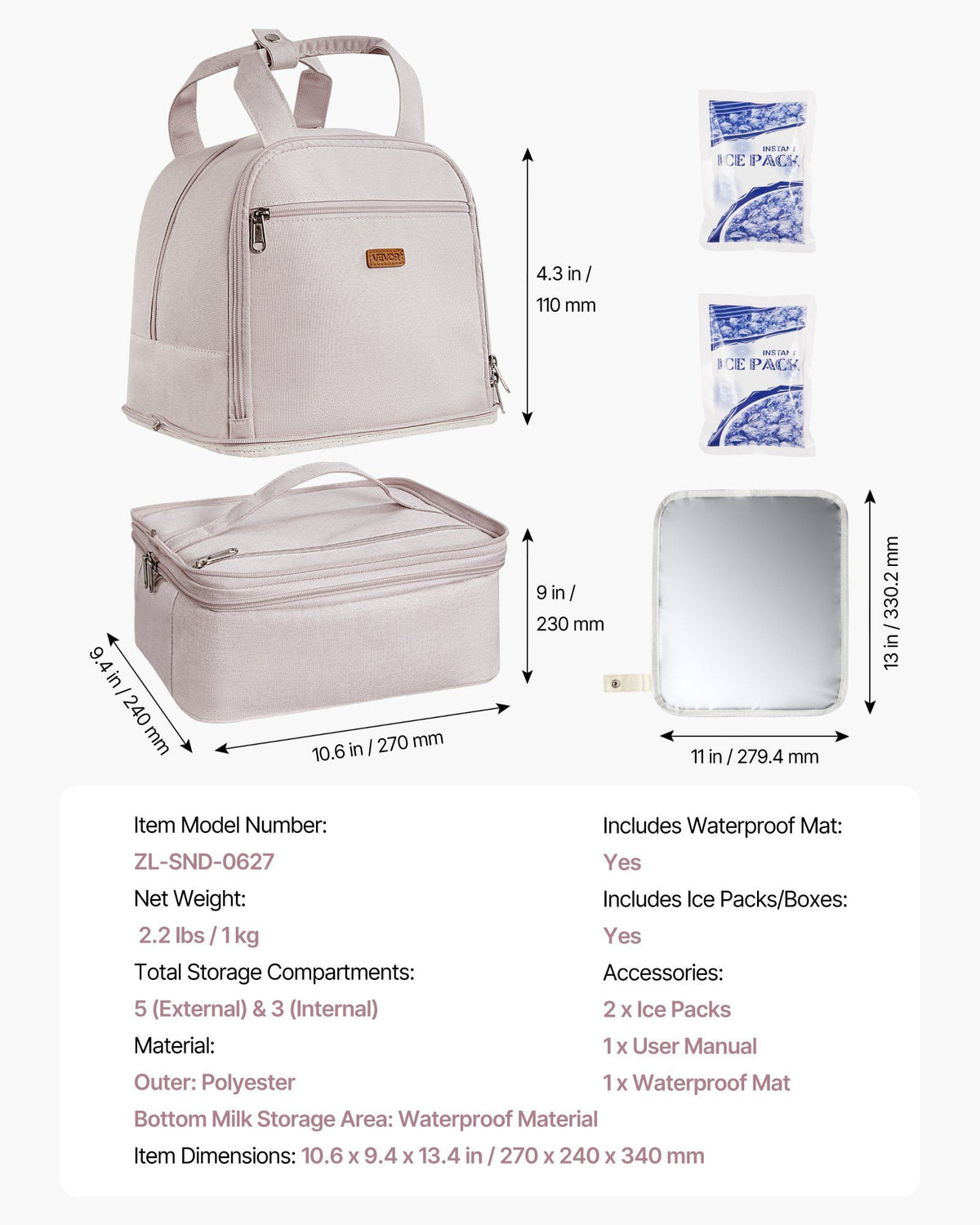 Breast Pump Backpack, Breast Feeding Bag with Ice Pack, Fits for S1/S2, Pumping Accessories & Breastmilk Storage, Portable Pump Carrying Case for Work, Travel and Family Use, Light Pink