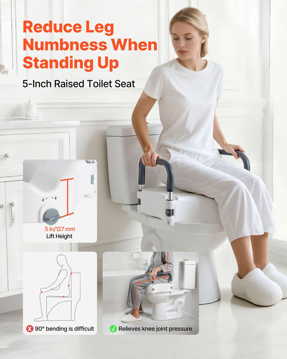 Raised Toilet Seat with Arms, 136.1 kg Load Capacity, 127 mm Lift Height, Widened Commode Elevated Toilet Seat Riser with Padded Handles for Seniors, Elderly, Handicap, Disabled, and Adults Use