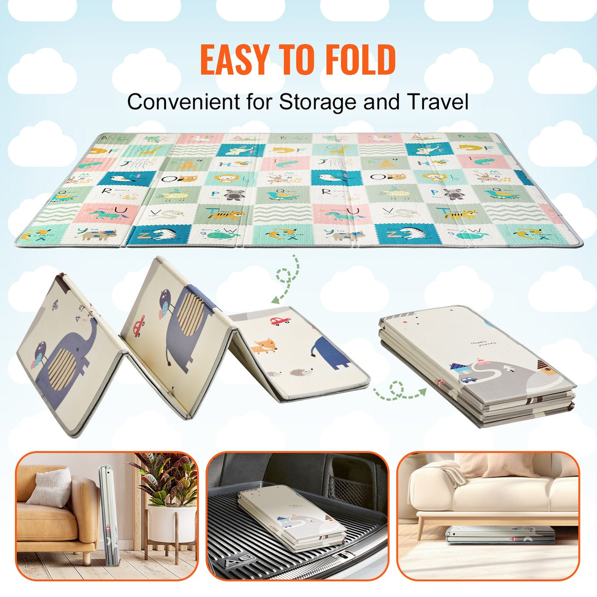 VEVOR Baby Play Mat, 71""x79"" Extra Large Baby Crawling Mat, Non-Slip One-Piece Foam Baby Playmat, Foldable Reversible Floor Mat with Travel Bag, Waterproof Activity Playmat for Babies Toddlers Infants