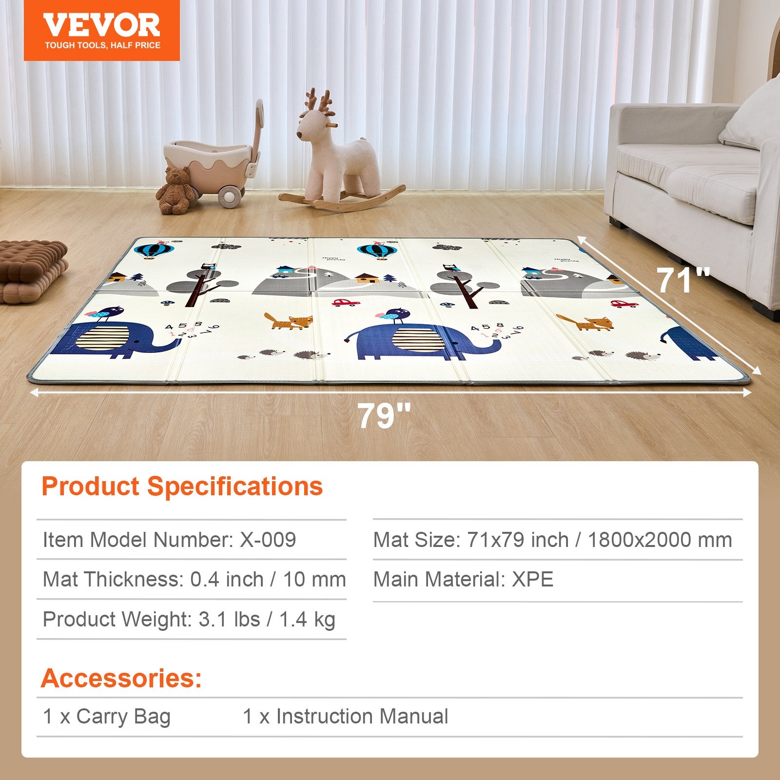 VEVOR Baby Play Mat, 71""x79"" Extra Large Baby Crawling Mat, Non-Slip One-Piece Foam Baby Playmat, Foldable Reversible Floor Mat with Travel Bag, Waterproof Activity Playmat for Babies Toddlers Infants