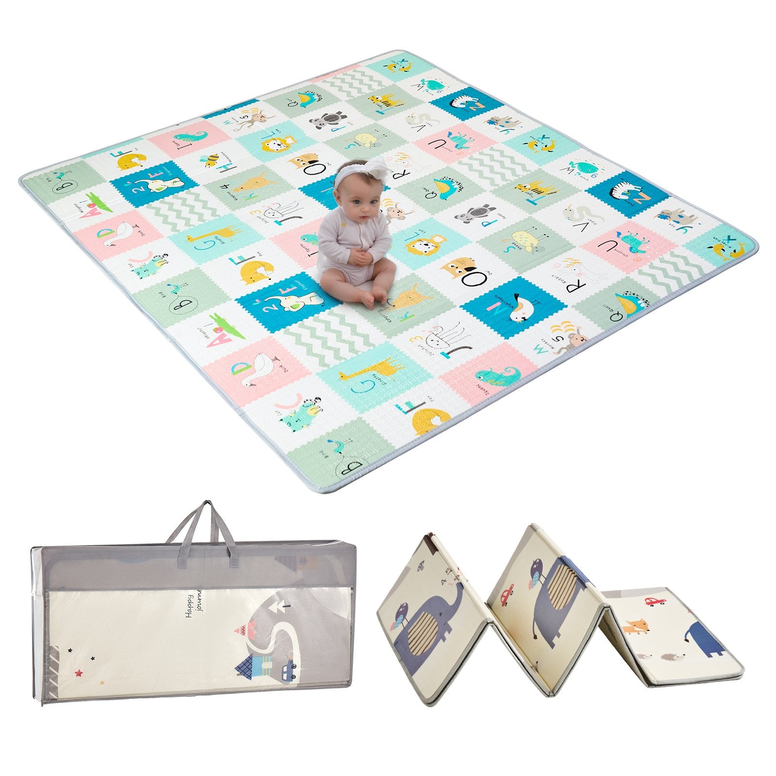 VEVOR Baby Play Mat, 71""x79"" Extra Large Baby Crawling Mat, Non-Slip One-Piece Foam Baby Playmat, Foldable Reversible Floor Mat with Travel Bag, Waterproof Activity Playmat for Babies Toddlers Infants
