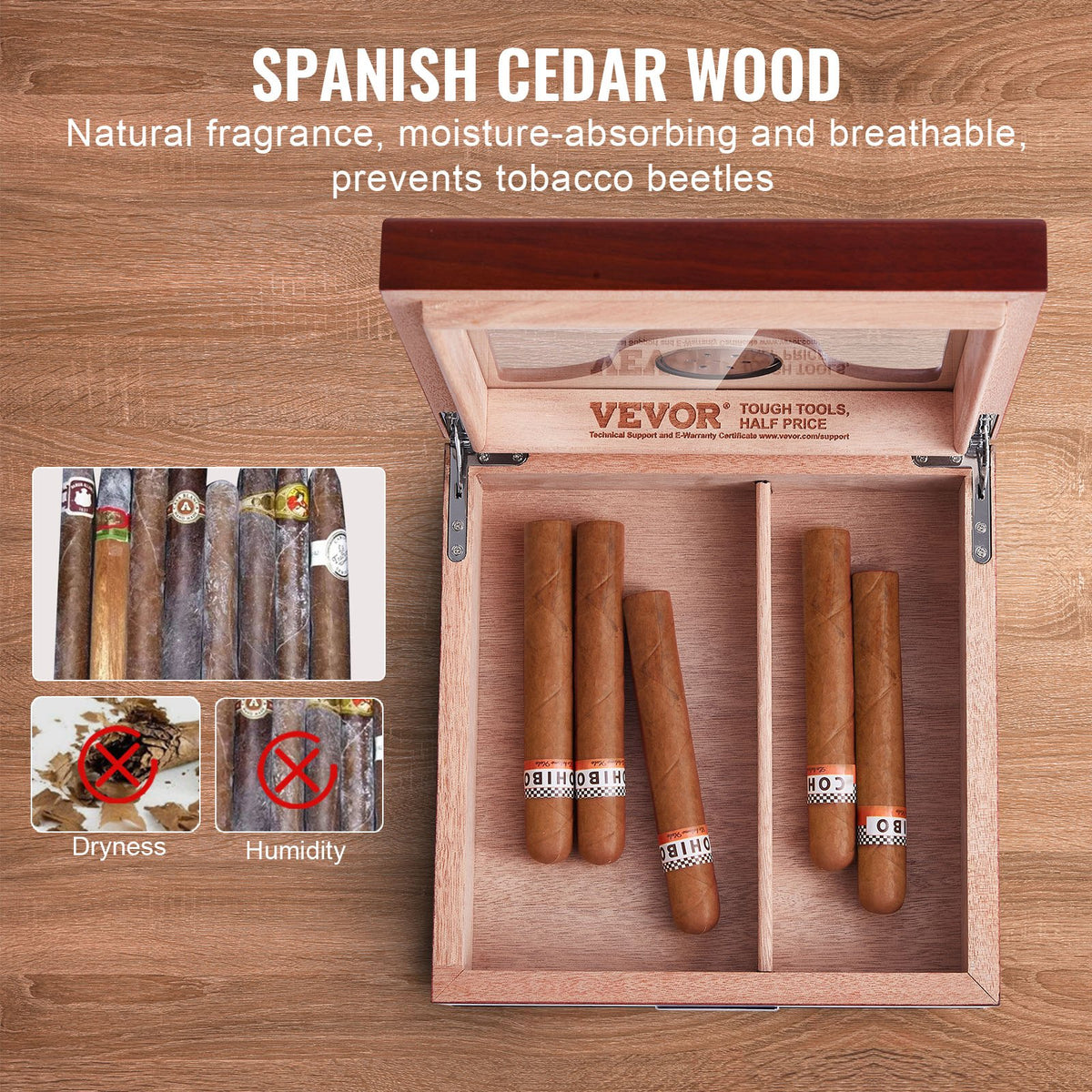 VEVOR Cigar Humidor, Glass Top Cigar Humidor Box, Handmade Spanish Cedar Wood Cigar Desktop Box, Cigar Storage Case with Humidifier, Hygrometer, Divider and Accessory Drawer, 20-35 Cigars