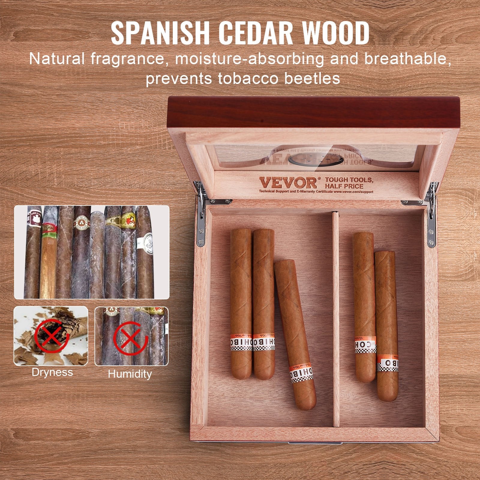 VEVOR Cigar Humidor, Glass Top Cigar Humidor Box, Handmade Spanish Cedar Wood Cigar Desktop Box, Cigar Storage Case with Humidifier, Hygrometer, Divider and Accessory Drawer, 20-35 Cigars