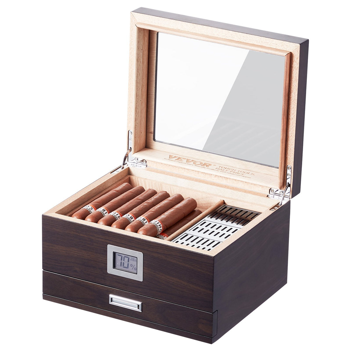VEVOR 50 Cigar Humidor Glasstop Cedar Cigar Box Humidifier &amp; Hygrometer &amp; Drawer