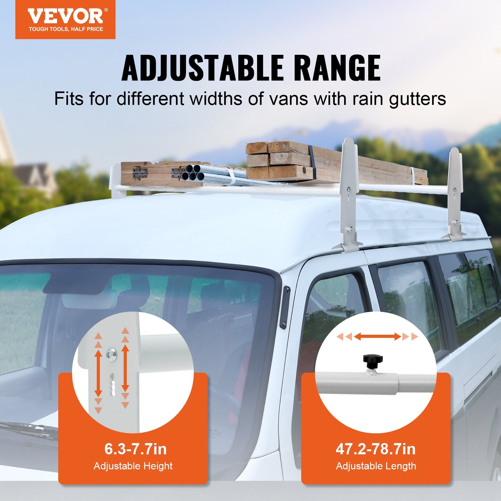 VEVOR 2-Bar Van Roof Ladder Rack Alloy Adjustable 47.2"-78.7" for Full-Size Vans