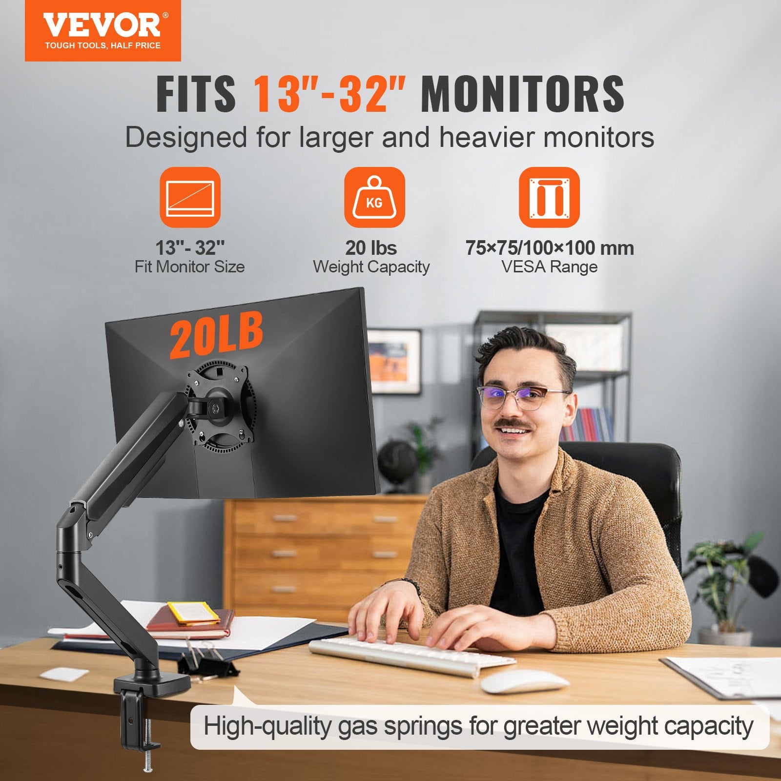 VEVOR Single Monitor Mount, Supports 13"-32", 330-813 mm Screen, Fully Adjustable Gas Spring Monitor Arm, Hold up to 9.1 kg, Computer Monitor Stand Holder with C-Clamp/Grommet Mounting Base, VESA Mount Bracket