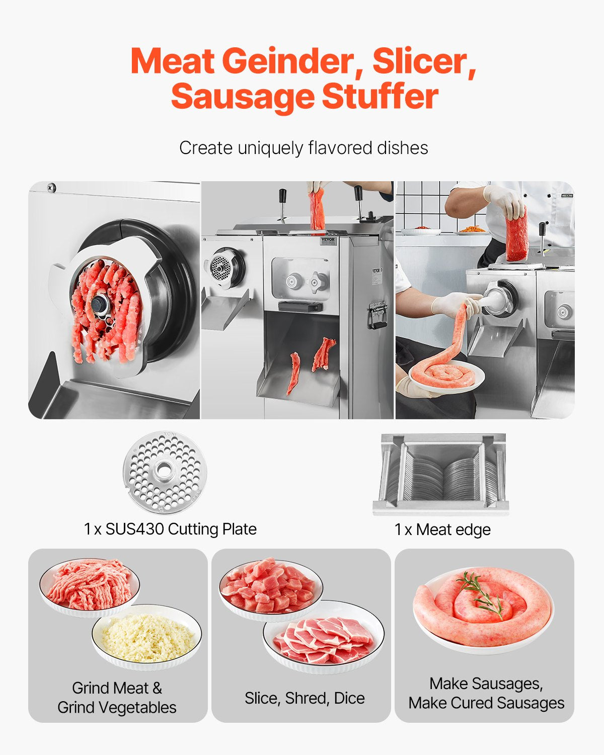 VEVOR Commercial Electric Meat Grinder Slicer 6.35 kg/Min Sausage Stuffer Maker