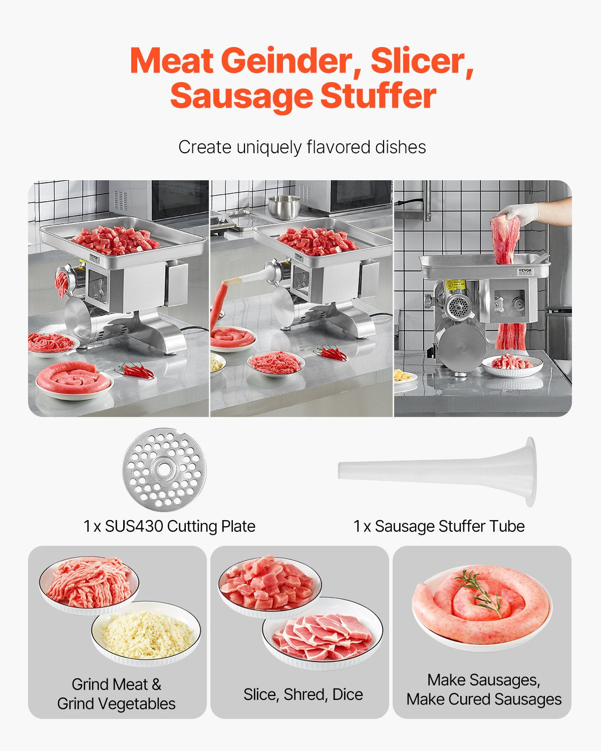 VEVOR Commercial Electric Meat Grinder Slicer 4.99 kg/Min Sausage Stuffer Maker