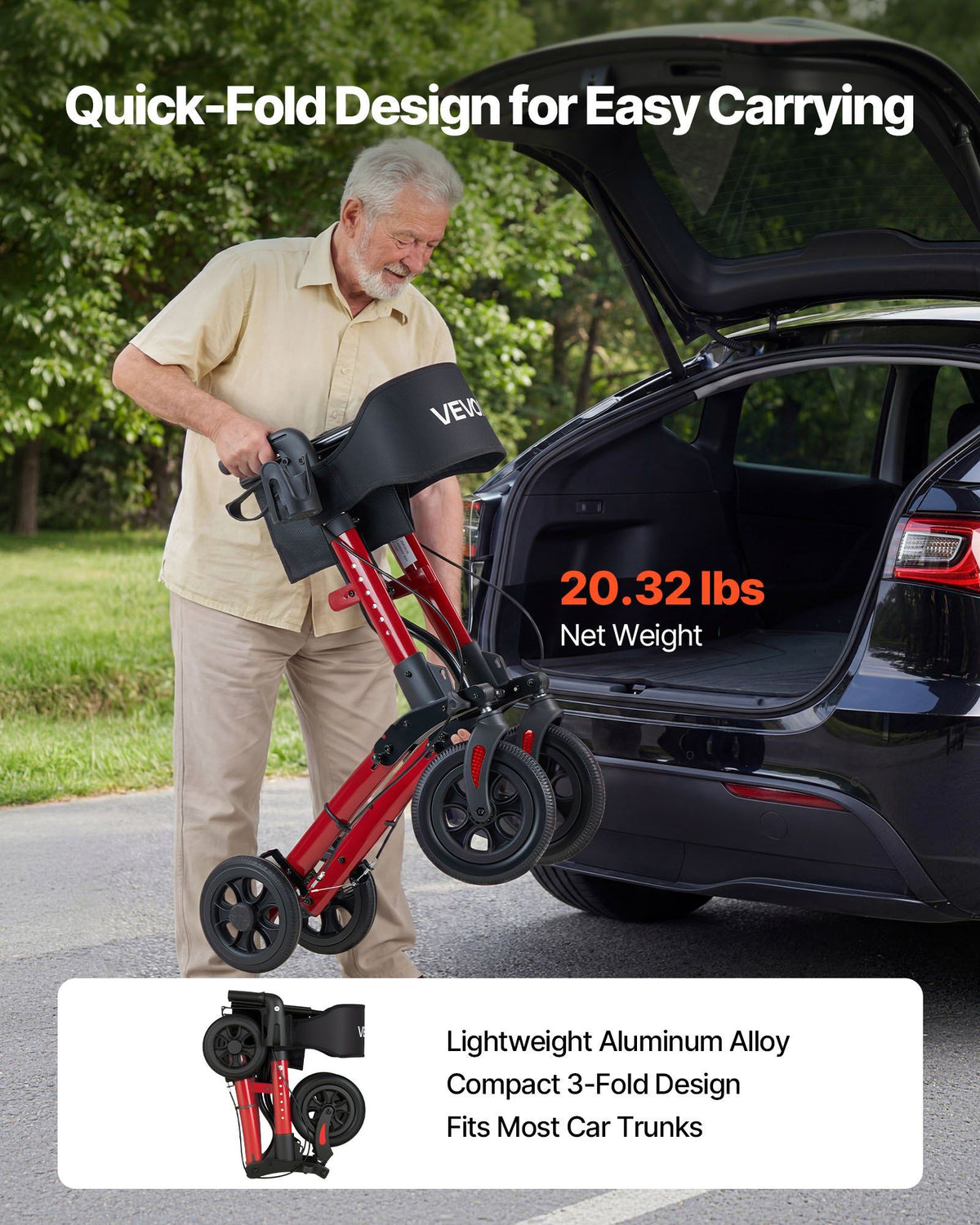 Rollator Walker with Seat for Seniors, Ultra Compact 3-Fold Rolling Walker, Lightweight Aluminum Mobility Walking Aid with PU Solid Wheels, Adjustable Handle, Cup & Cane Holder - Supports 136kg