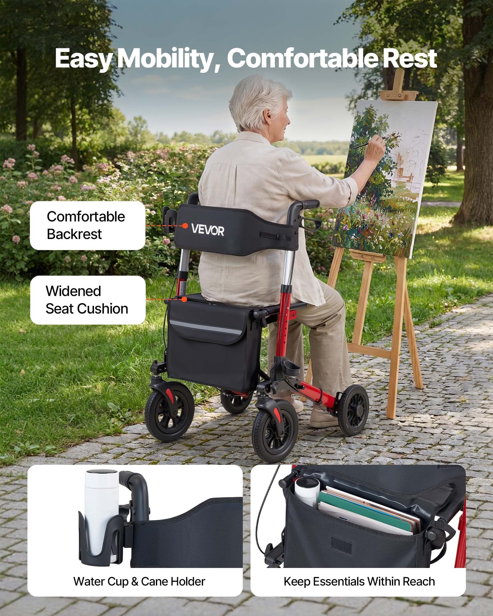 Rollator Walker with Seat for Seniors, Ultra Compact 3-Fold Rolling Walker, Lightweight Aluminum Mobility Walking Aid with PU Solid Wheels, Adjustable Handle, Cup & Cane Holder - Supports 136kg