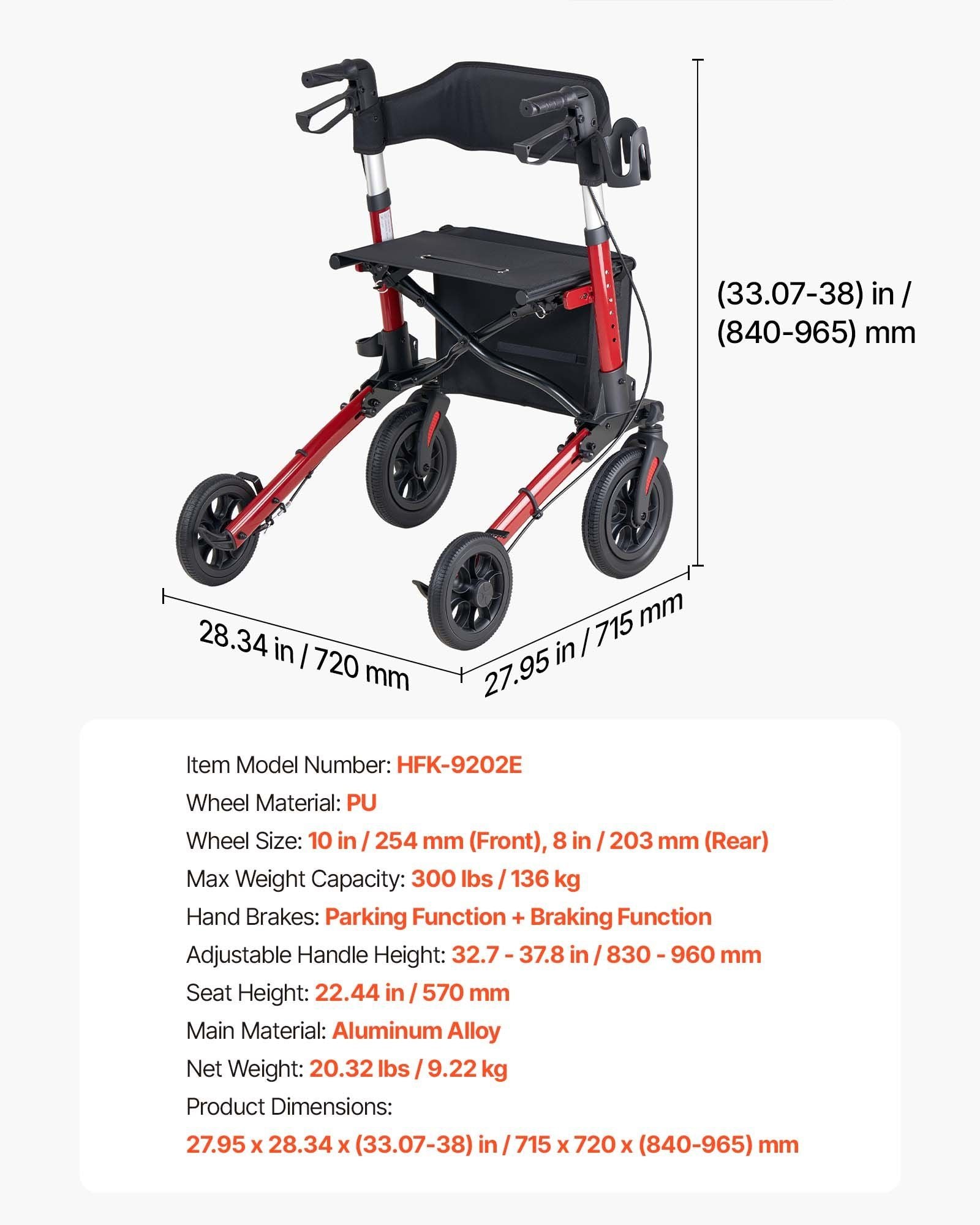 Rollator Walker with Seat for Seniors, Ultra Compact 3-Fold Rolling Walker, Lightweight Aluminum Mobility Walking Aid with PU Solid Wheels, Adjustable Handle, Cup & Cane Holder - Supports 136kg